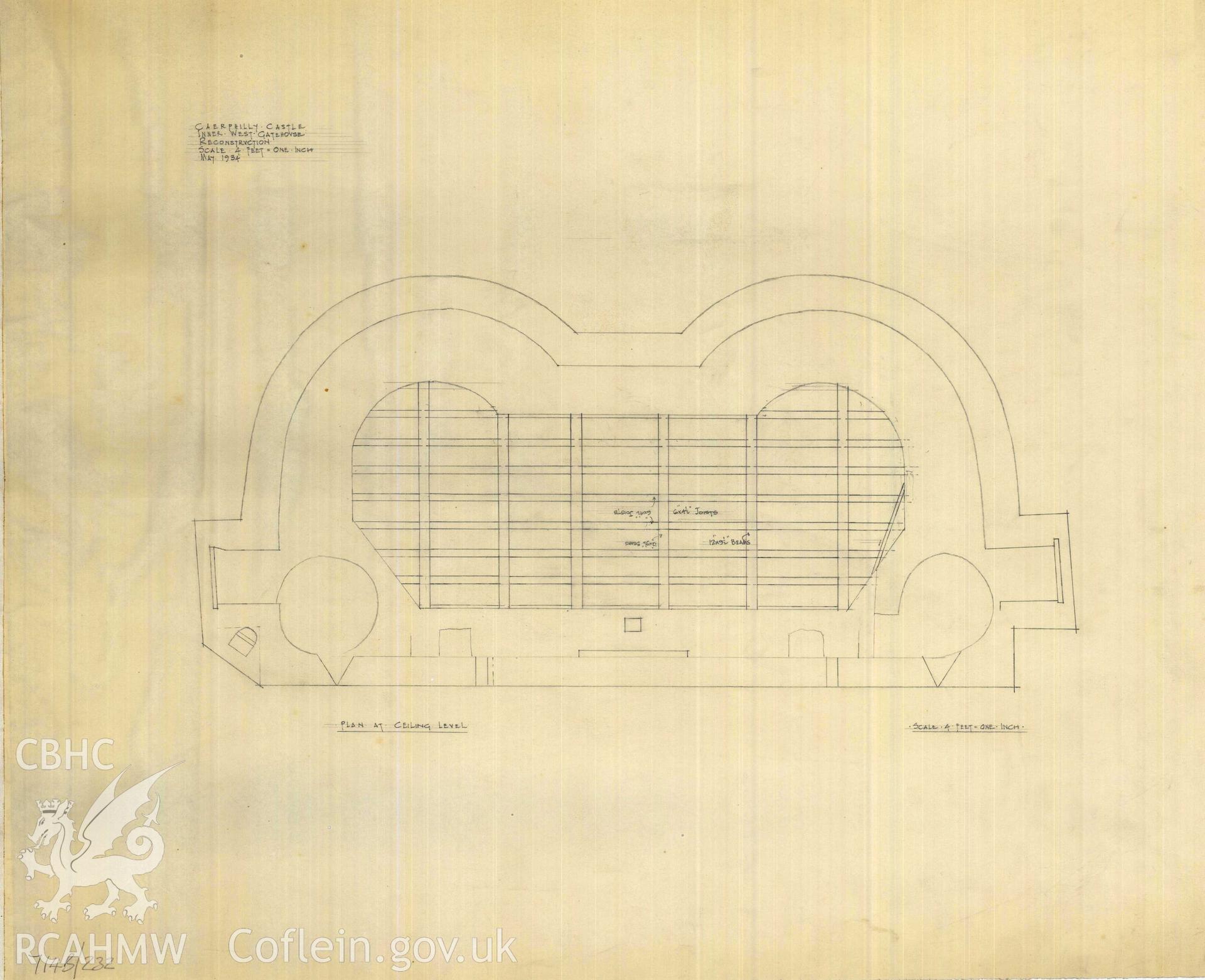 Cadw guardianship monument drawing of Caerphilly Castle. Inner W gate, upper floor joists. Cadw Ref. No:714B/232. Scale 1:48.