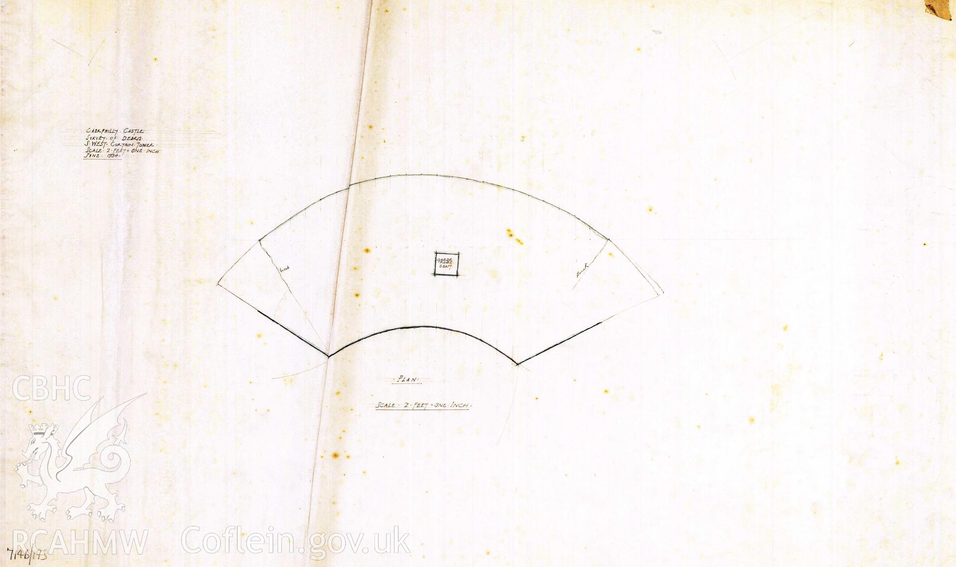 Cadw guardianship monument drawing of Caerphilly Castle. SW tower, latrine-chute, plan. Cadw Ref. No:714B/193. Scale 1:24.