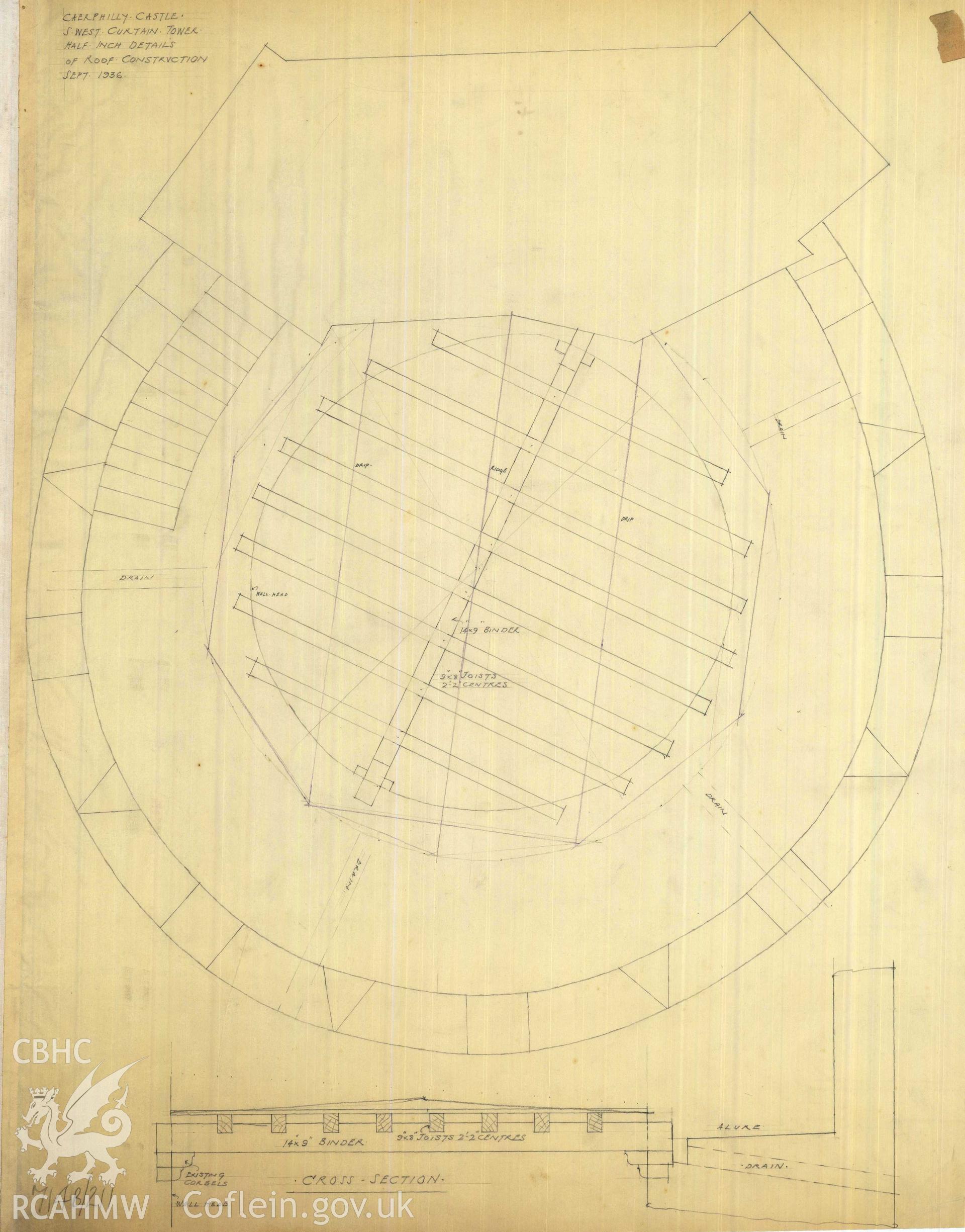 Cadw guardianship monument drawing of Caerphilly Castle. SW tower, roof joists. Cadw Ref. No:714B/211. Scale 1:24.