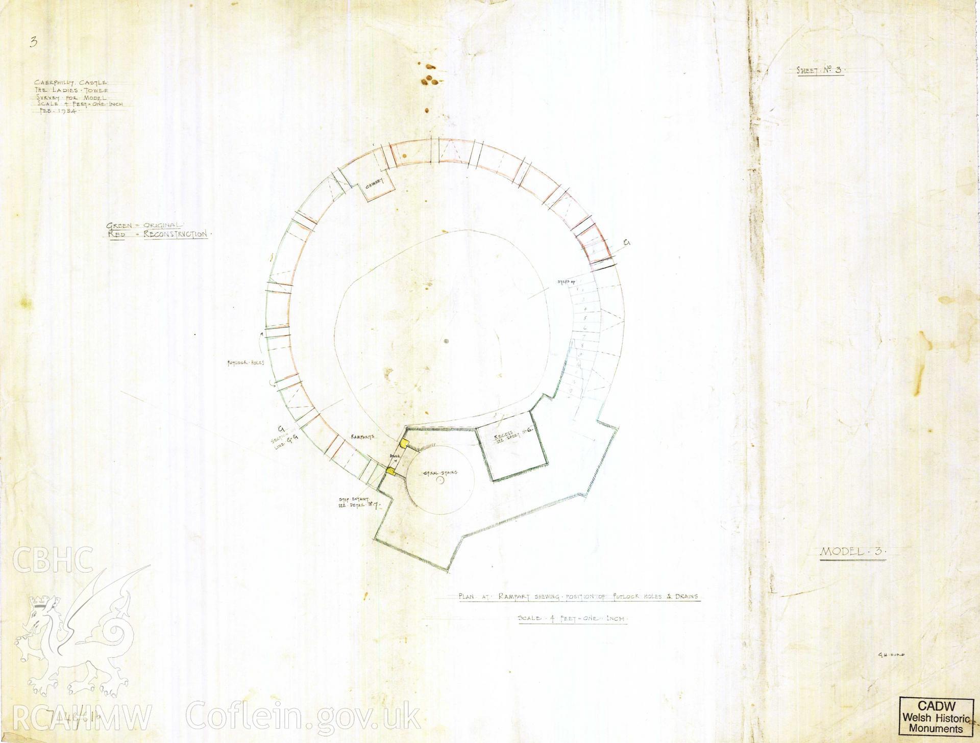 Digital copy of Cadw guardianship monument drawing of Caerphilly Castle. NW tower, 3, putlog plan. Cadw ref. no: 714B/61b. Scale 1:48. Original drawing withdrawn and returned to Cadw at their request.