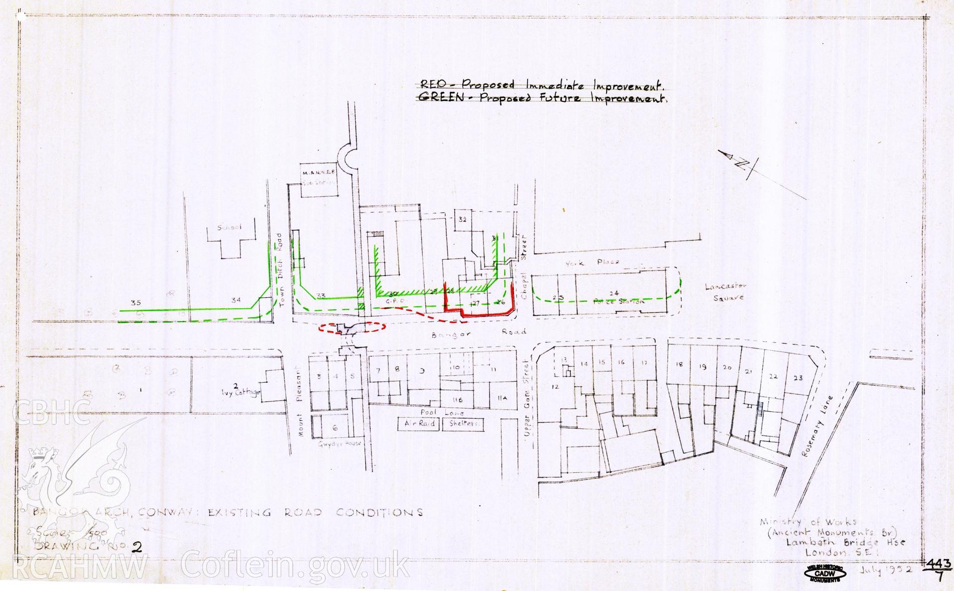 Cadw guardianship monument drawing of Conwy Walls. Tower 10+ Bangor Rd, road scheme. Cadw Ref. No:443/7. Scale 1:500.