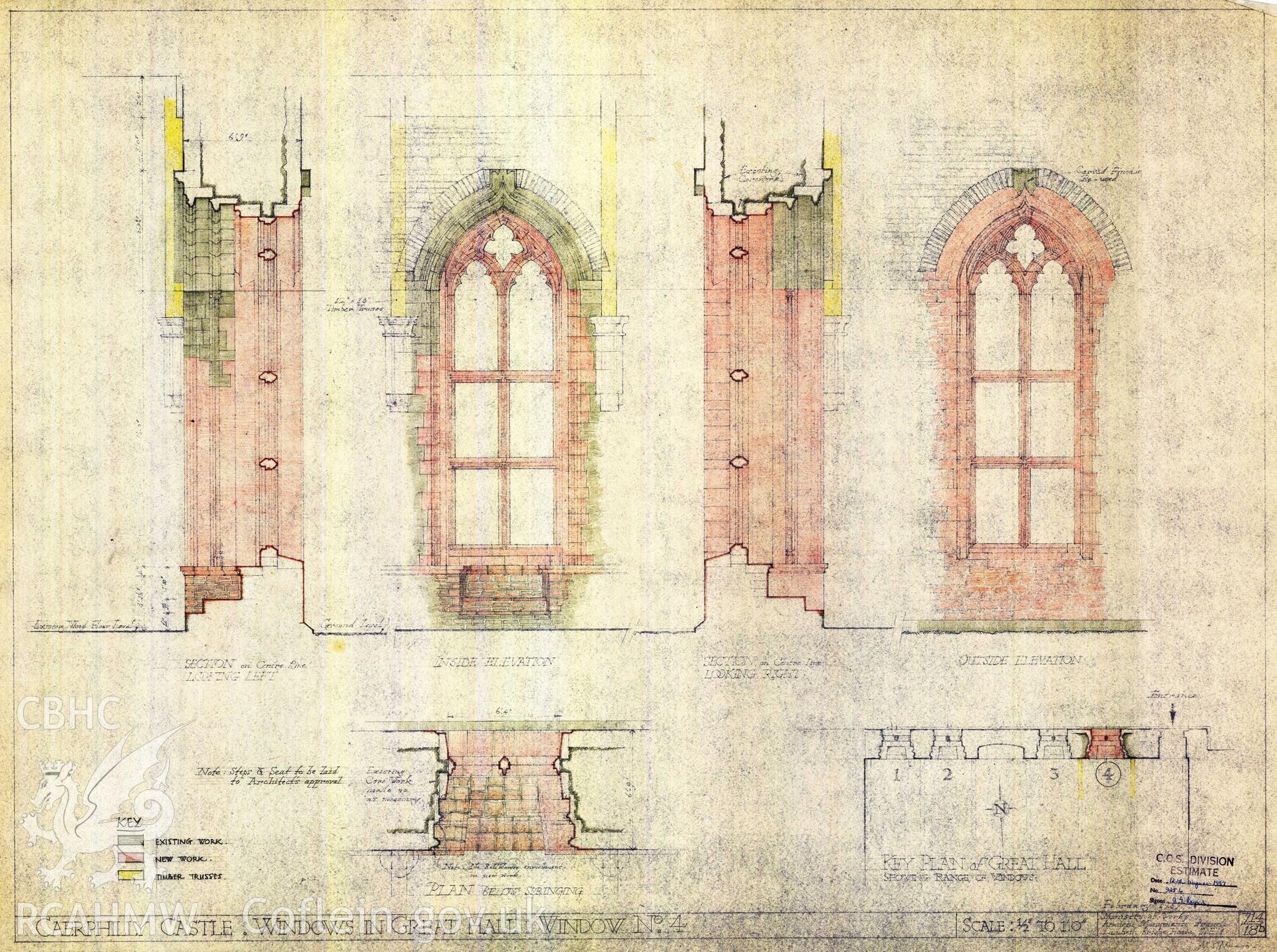 Cadw guardianship monument drawing of Caerphilly Castle. Hall, window 4, in+out for costing. Cadw ref. no: 714/18D. Scale 1:24.