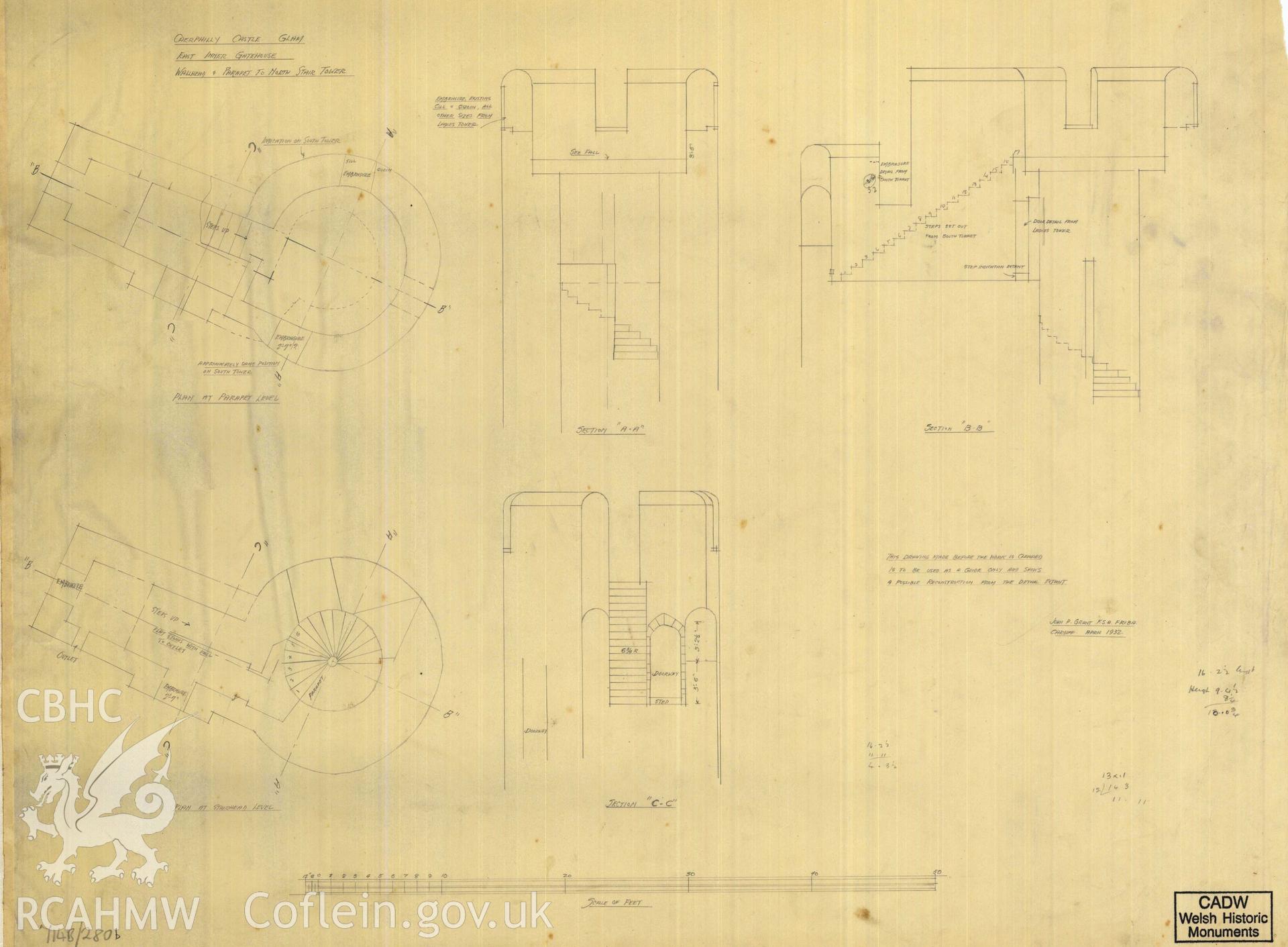 Cadw guardianship monument drawing of Caerphilly Castle. Inner E gate, S turret top. Cadw Ref. No:714B/280b. Scale 1:48.