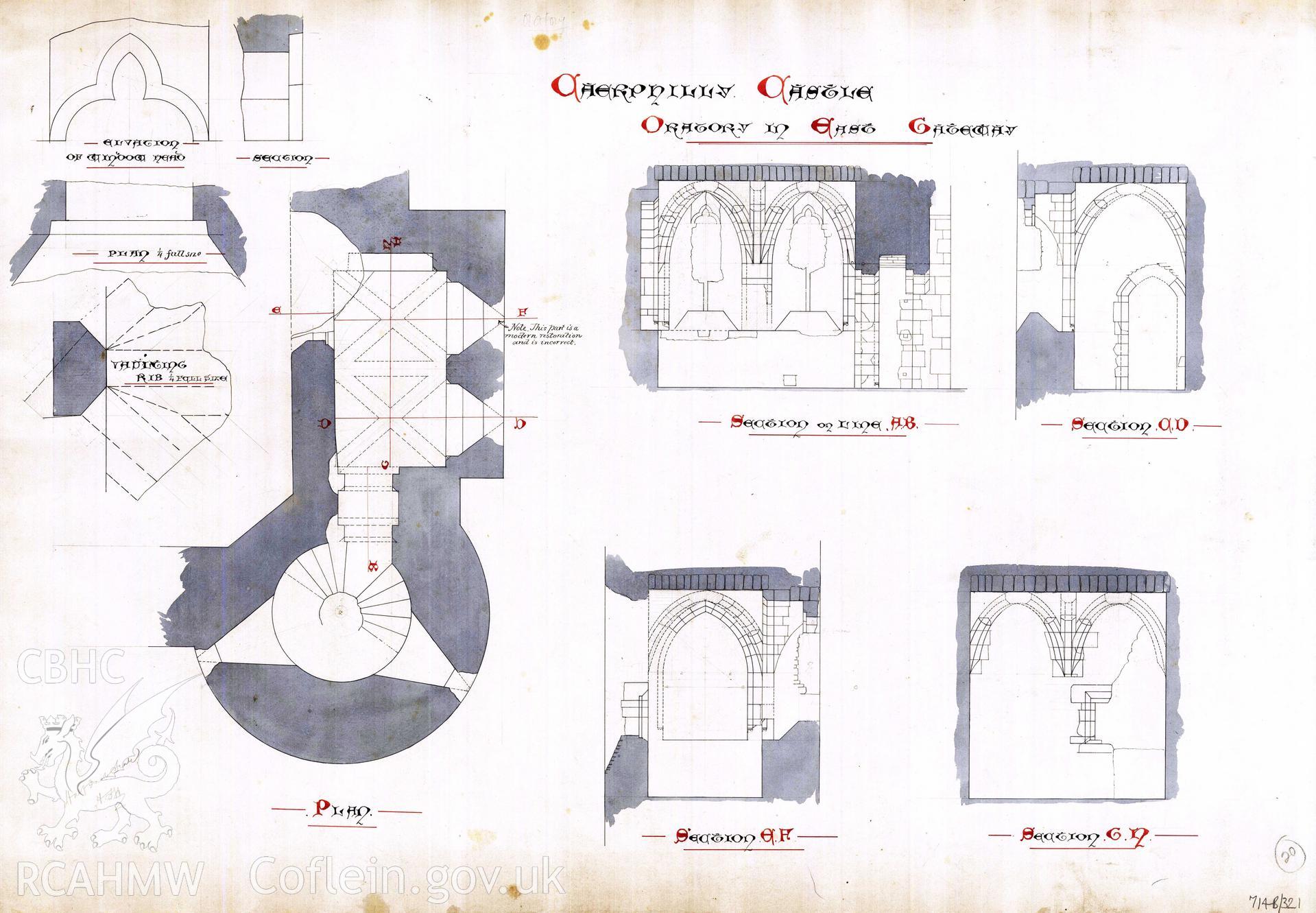Cadw guardianship monument drawing of Caerphilly Castle. Plans and section of Oratory, East gateway. Cadw Ref. No. 714B/321. No scale.