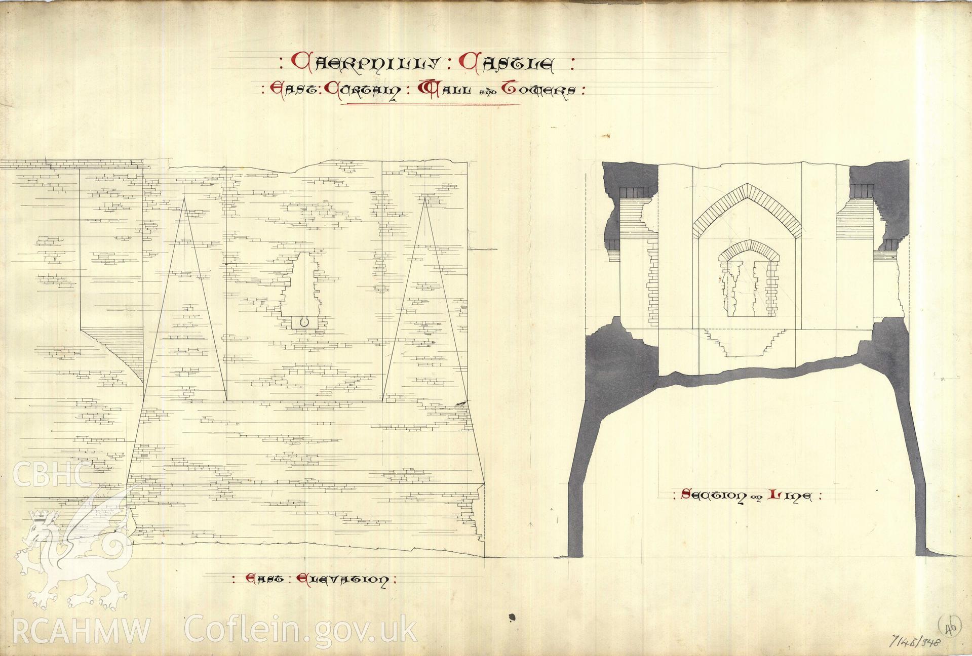 Cadw guardianship monument drawing of Caerphilly Castle. Dam front N, S tower, elev +section. Cadw Ref. No:714B/348. Scale 1:24.