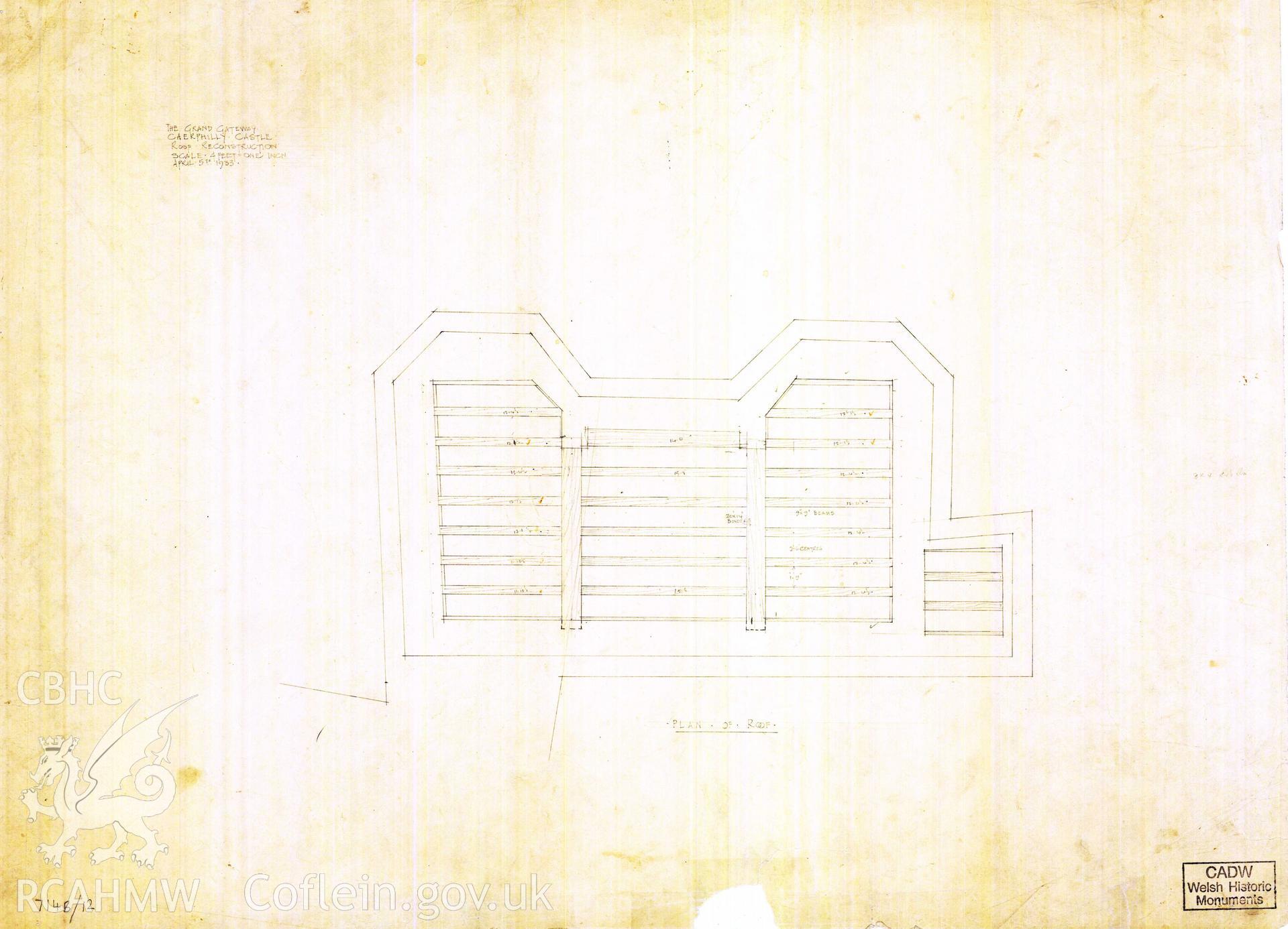 Cadw guardianship monument drawing of Caerphilly Castle. Outer E gate, roof beams plan (i). Cadw ref. no: 714B/12. Scale 1:48. Original drawing withdrawn and returned to Cadw at their request.
