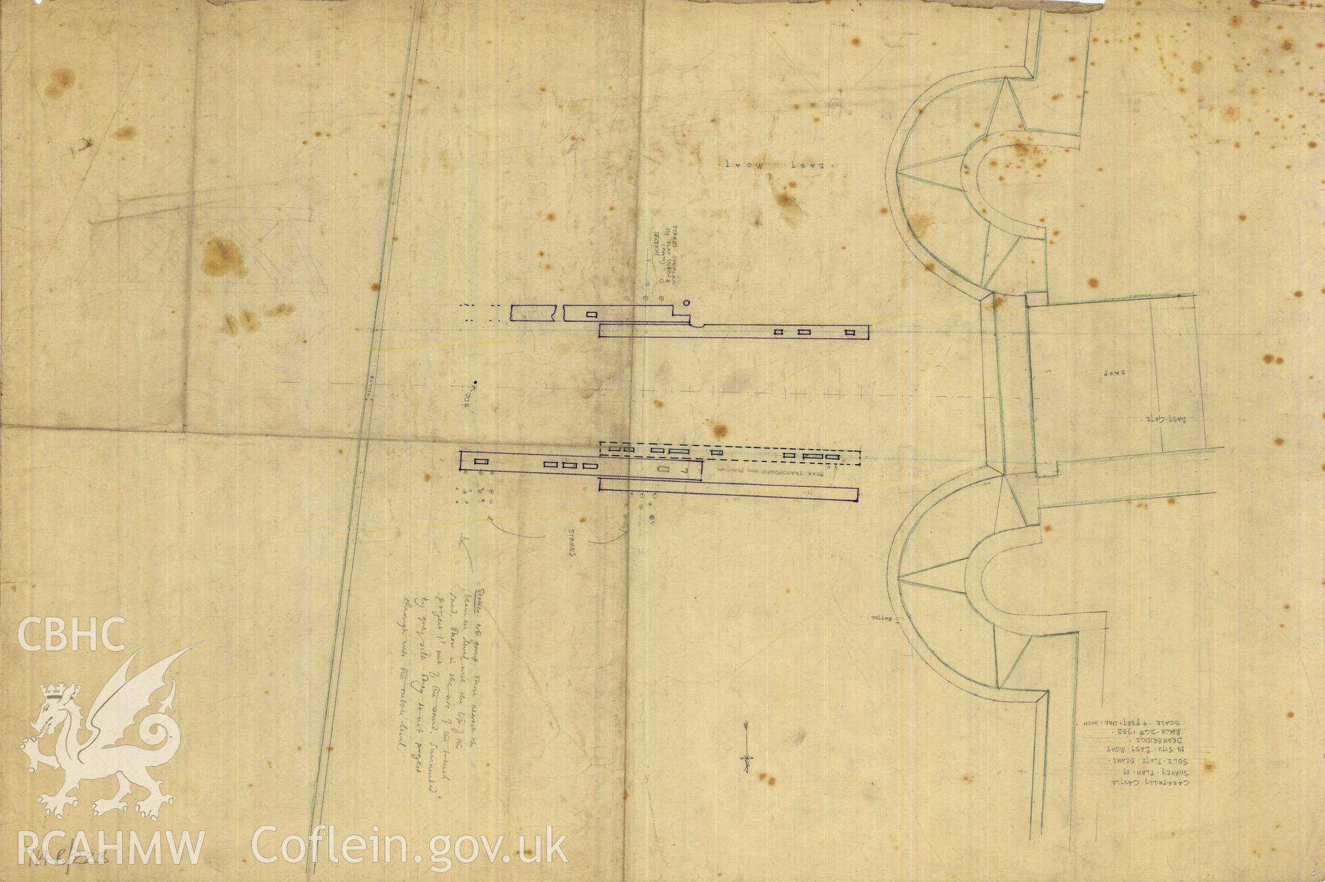 Cadw guardianship monument drawing of Caerphilly Castle. Mid W gate, timber bridge rems. Cadw Ref. No:714B/223. Scale 1:48.
