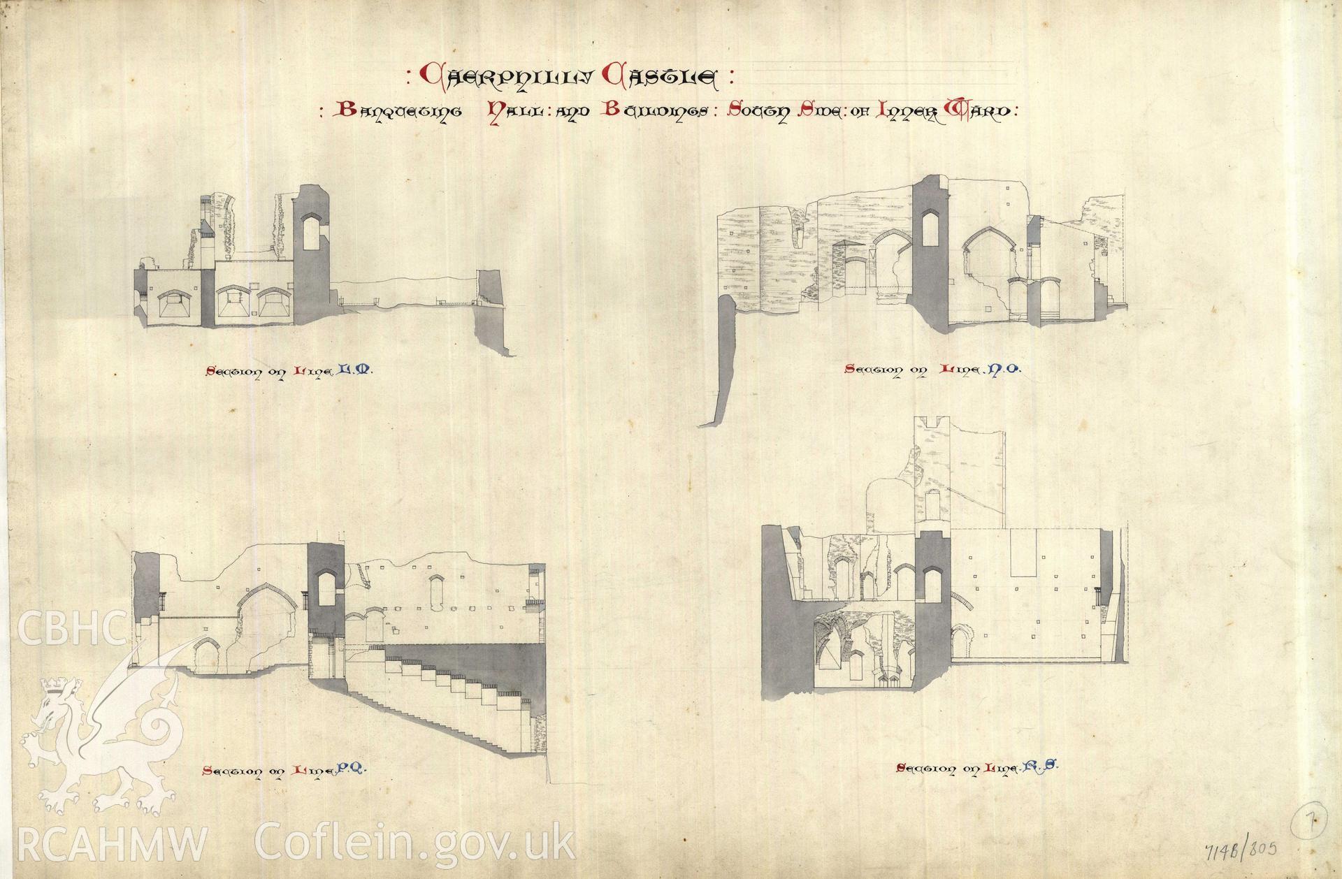 Cadw guardianship monument drawing of Caerphilly Castle. Hall range, 4 cross sections. Cadw Ref. No:714B/305. Scale 1:96.