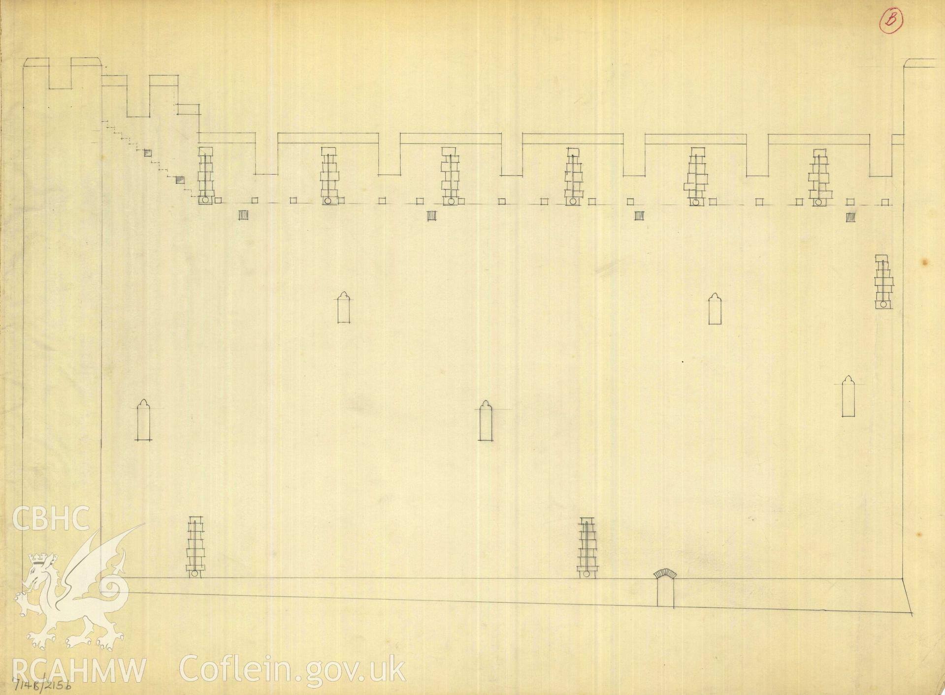Cadw guardianship monument drawing of Caerphilly Castle. SW tower, elevation unrolled. Cadw Ref. No:714B/215b. Scale 1:48.