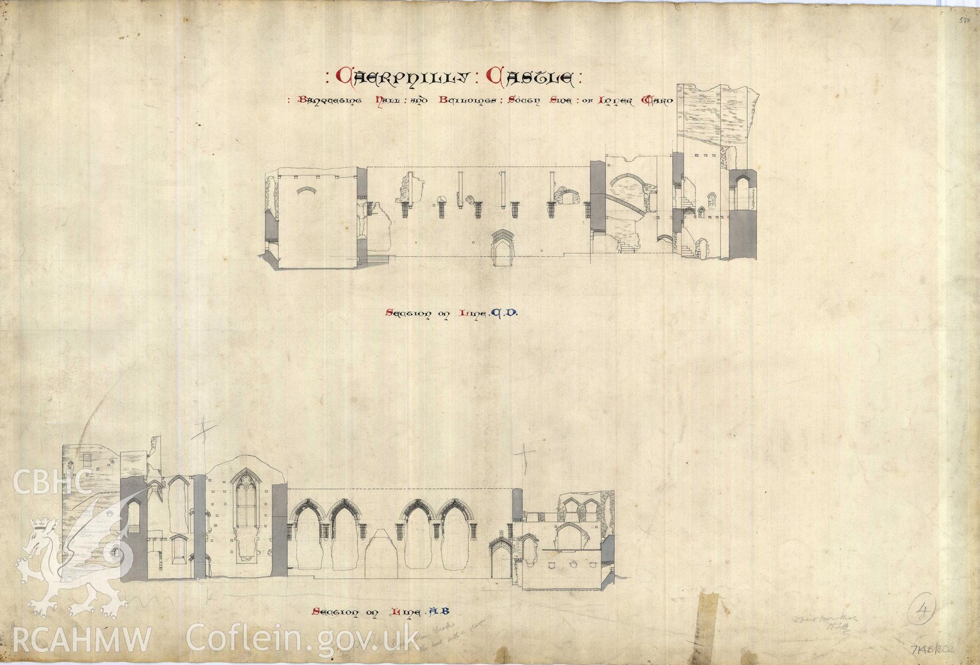 Cadw guardianship monument drawing of Caerphilly Castle. Hall range, long elevation/section. Cadw Ref. No:714B/302. Scale 1:96.