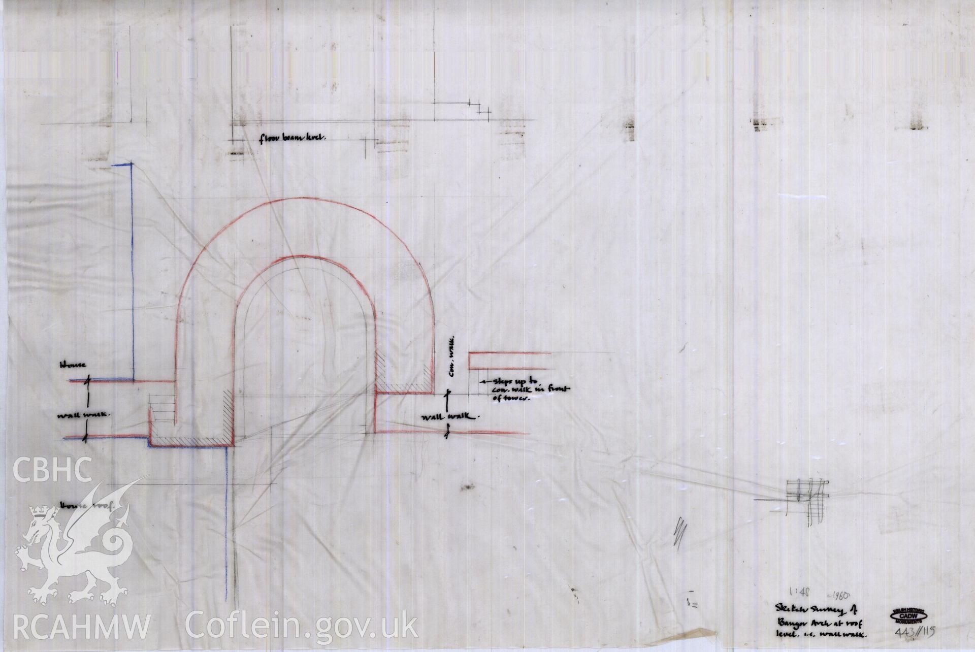 Digital copy of a Cadw Guardianship monument drawing, Conwy Castle, sketch survey of Bangor Arch at roof level, ie wall walk, Cadw ref 443//115. Scale 1:48, c.1960.