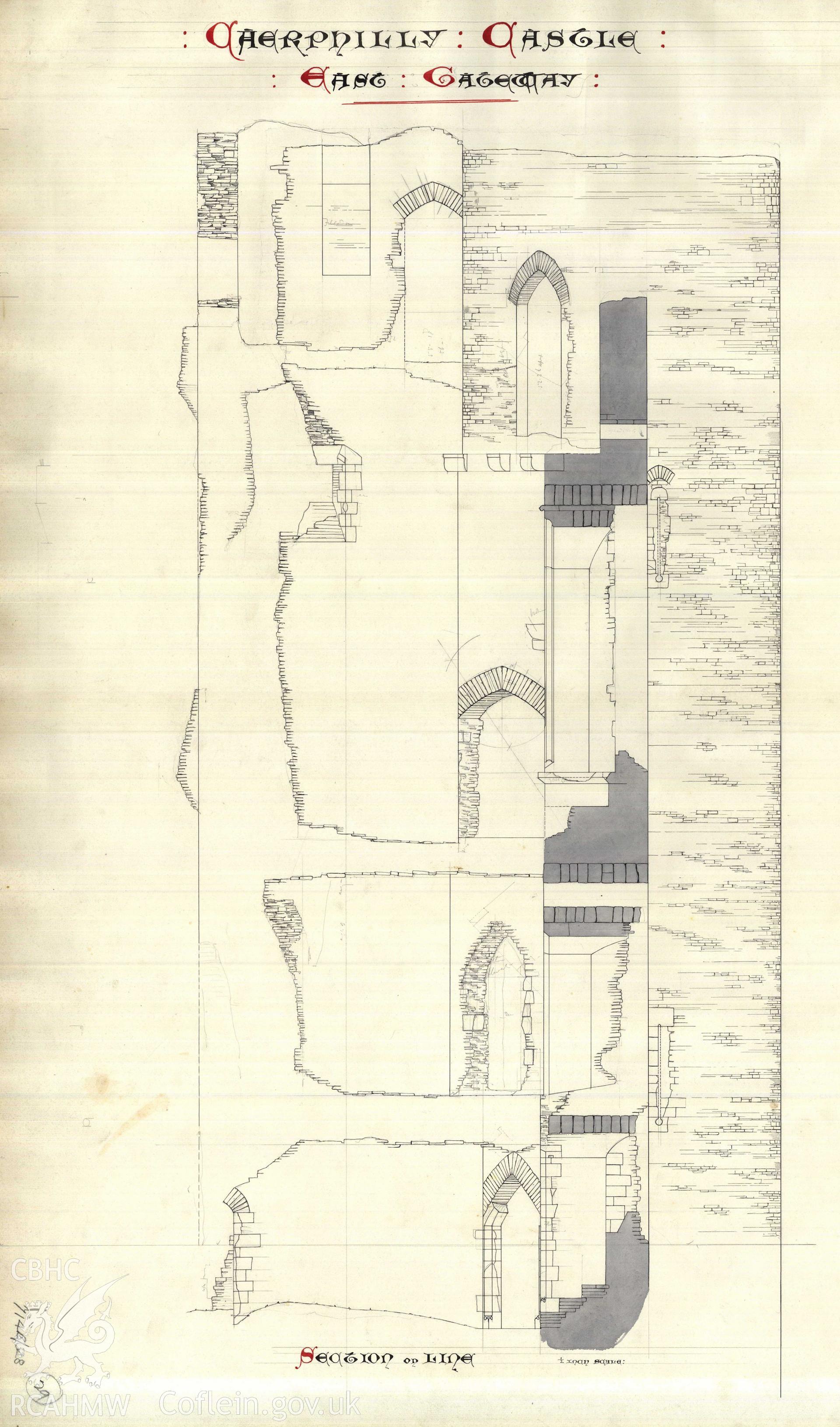 Cadw guardianship monument drawing of Caerphilly Castle. Section, East gateway. Cadw Ref. No. 714B/328. Scale 1:24.