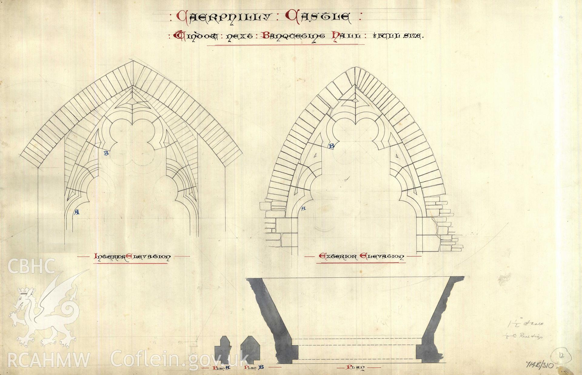 Cadw guardianship monument drawing of Caerphilly Castle. Solar window details. Cadw Ref. No:714B/310. Scale 1:8.