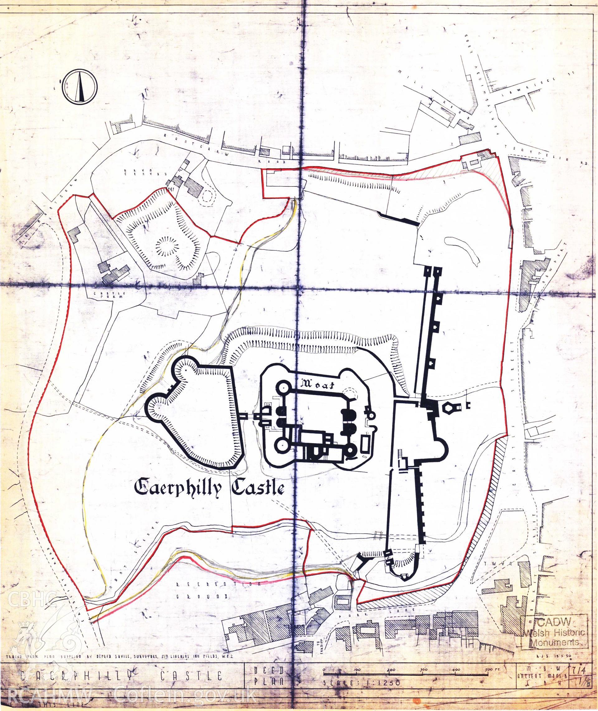 Cadw guardianship monument drawing of Caerphilly Castle. Deed Plan showing guardianship. Cadw ref. no: 714/1//b. Scale 1:1250.
