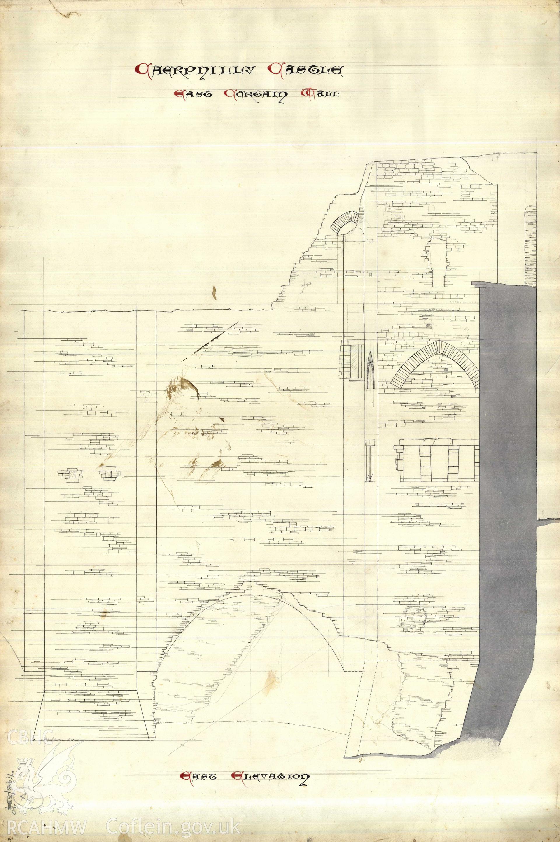Cadw guardianship monument drawing of Caerphilly Castle. Dam front S, pt elev. Cadw Ref. No:714B/340. Scale 1:24.