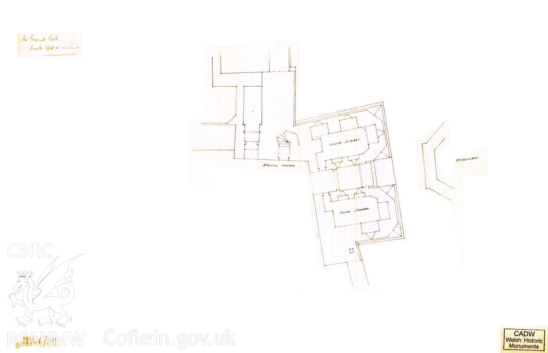 Cadw guardianship monument drawing of Caerphilly Castle. Outer E gate, ground plan. Cadw ref. no: 714B/29. Scale 1:96.