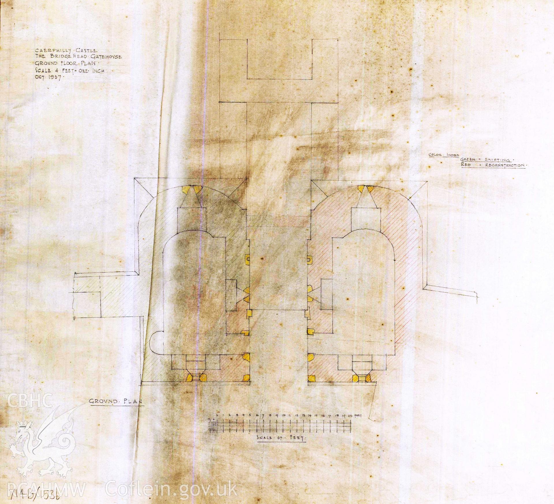Cadw guardianship monument drawing of Caerphilly Castle. Dam, S gate, ground plan, recon. Cadw Ref. No:714B/153b. Scale 1:48.