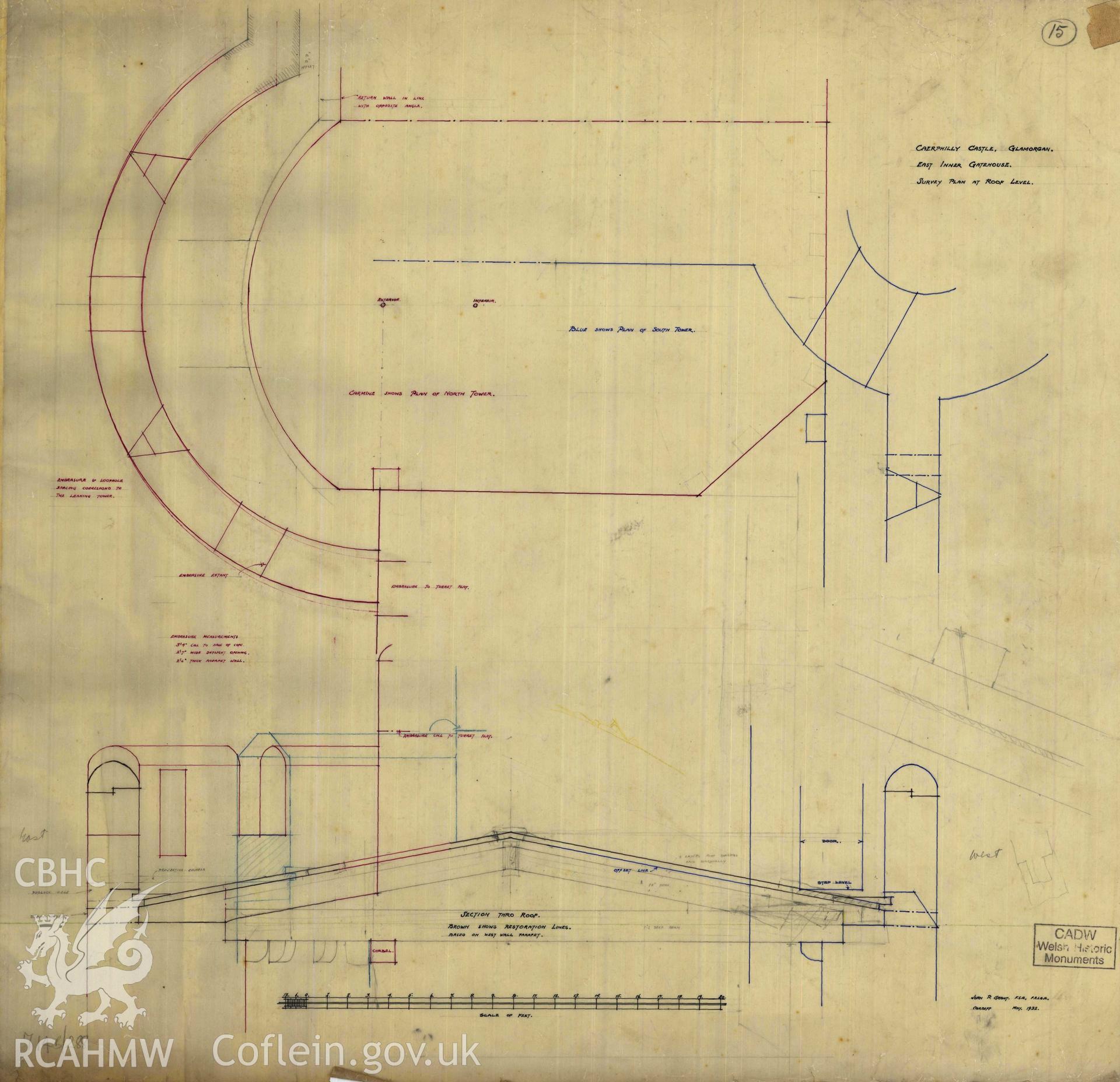Cadw guardianship monument drawing of Caerphilly Castle. Inner E gate, roof level survey. Cadw Ref. No:714B/288. Scale 1:24.