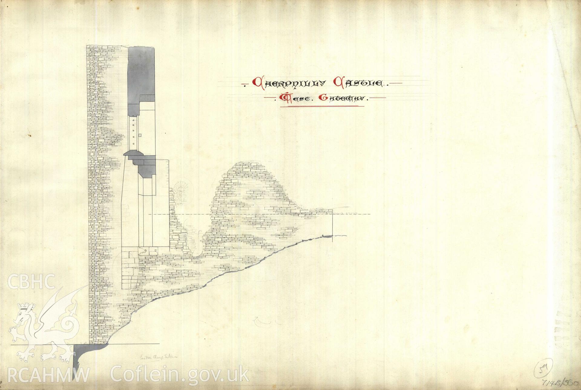 Cadw guardianship monument drawing of Caerphilly Castle. Mid W gate, section looking N. Cadw Ref. No:714B/360. Scale 1:24.