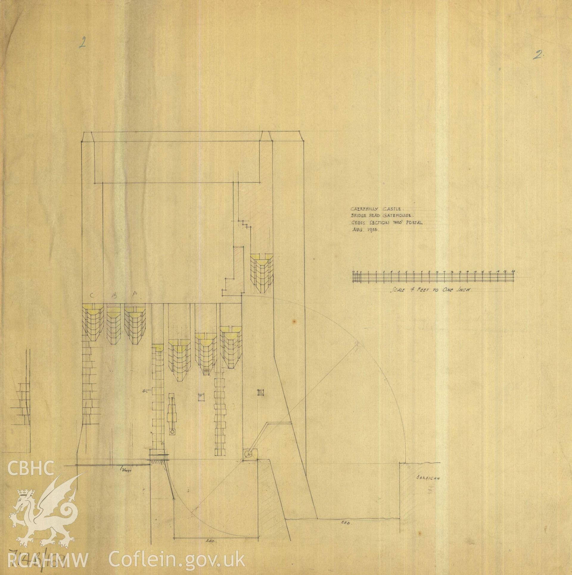 Cadw guardianship monument drawing of Caerphilly Castle. Dam, S gate, section, recons (i). Cadw Ref. No:714B/169. Scale 1:48.