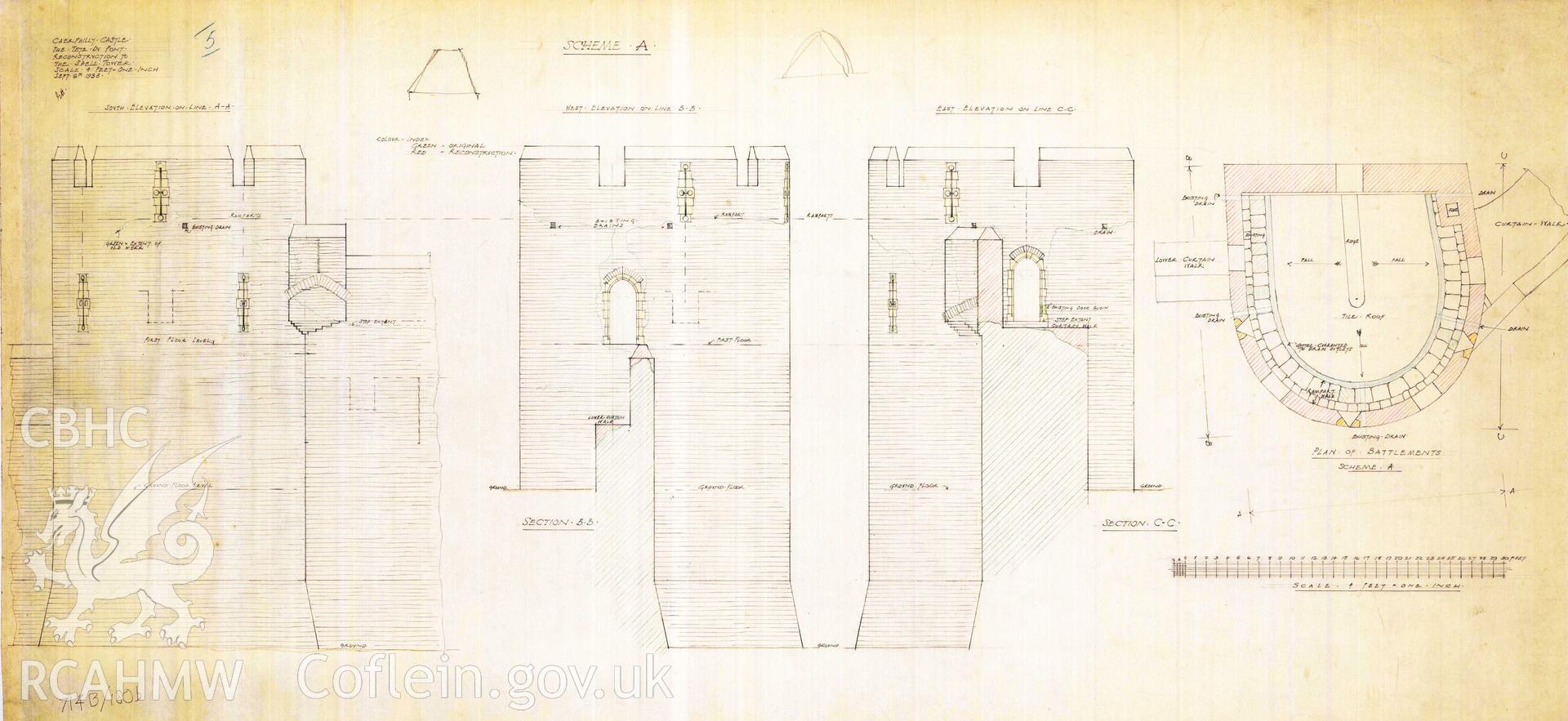 Cadw guardianship monument drawing of Caerphilly Castle. Dam S tower, elevs (iii) sch A. Cadw Ref. No:714B/180b. Scale 1:48.