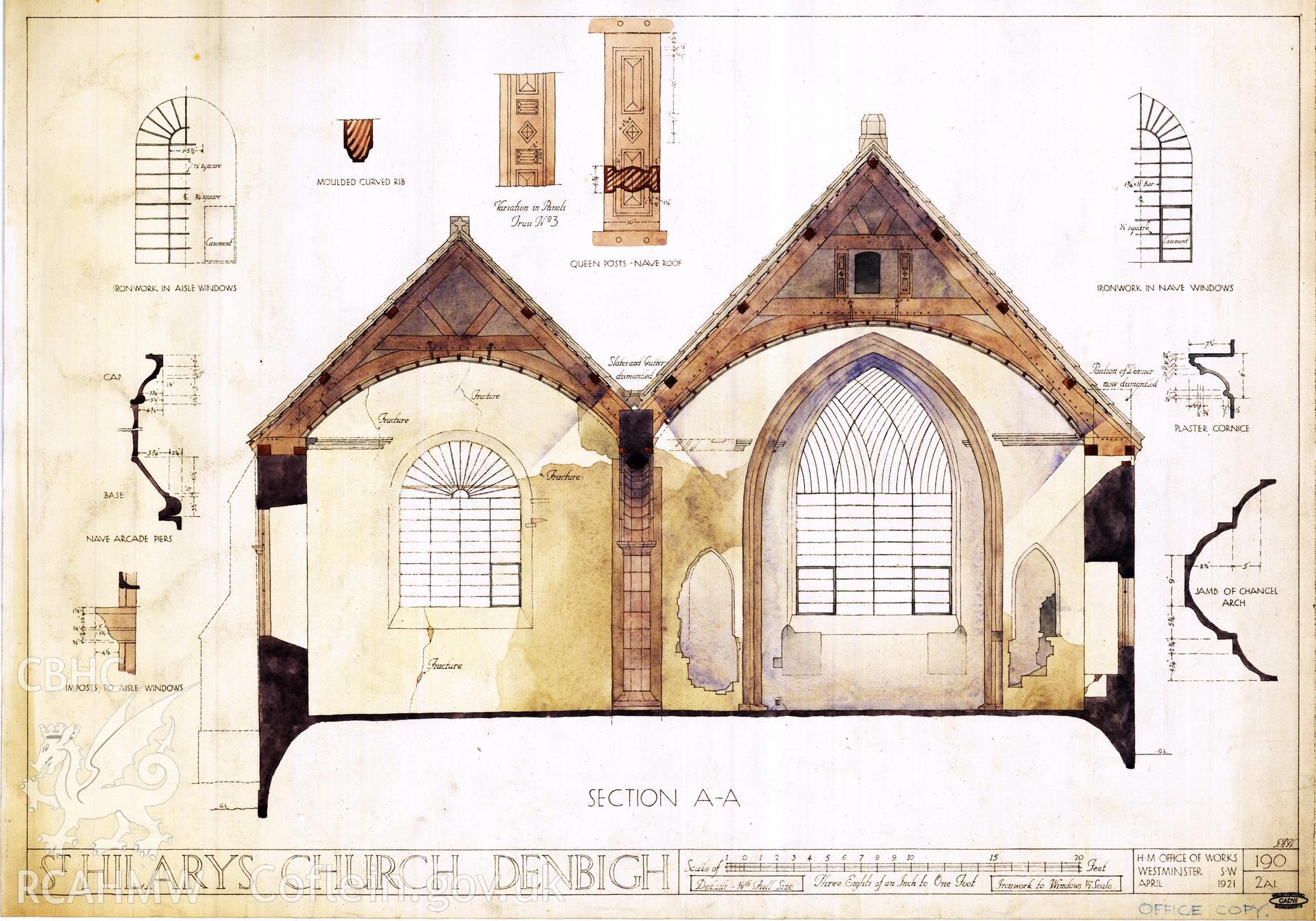 Cadw guardianship monument drawing of Denbigh St Hillary's Church. Section (tinted). Cadw Ref. No:190/2A1. Scale 1:32.8.