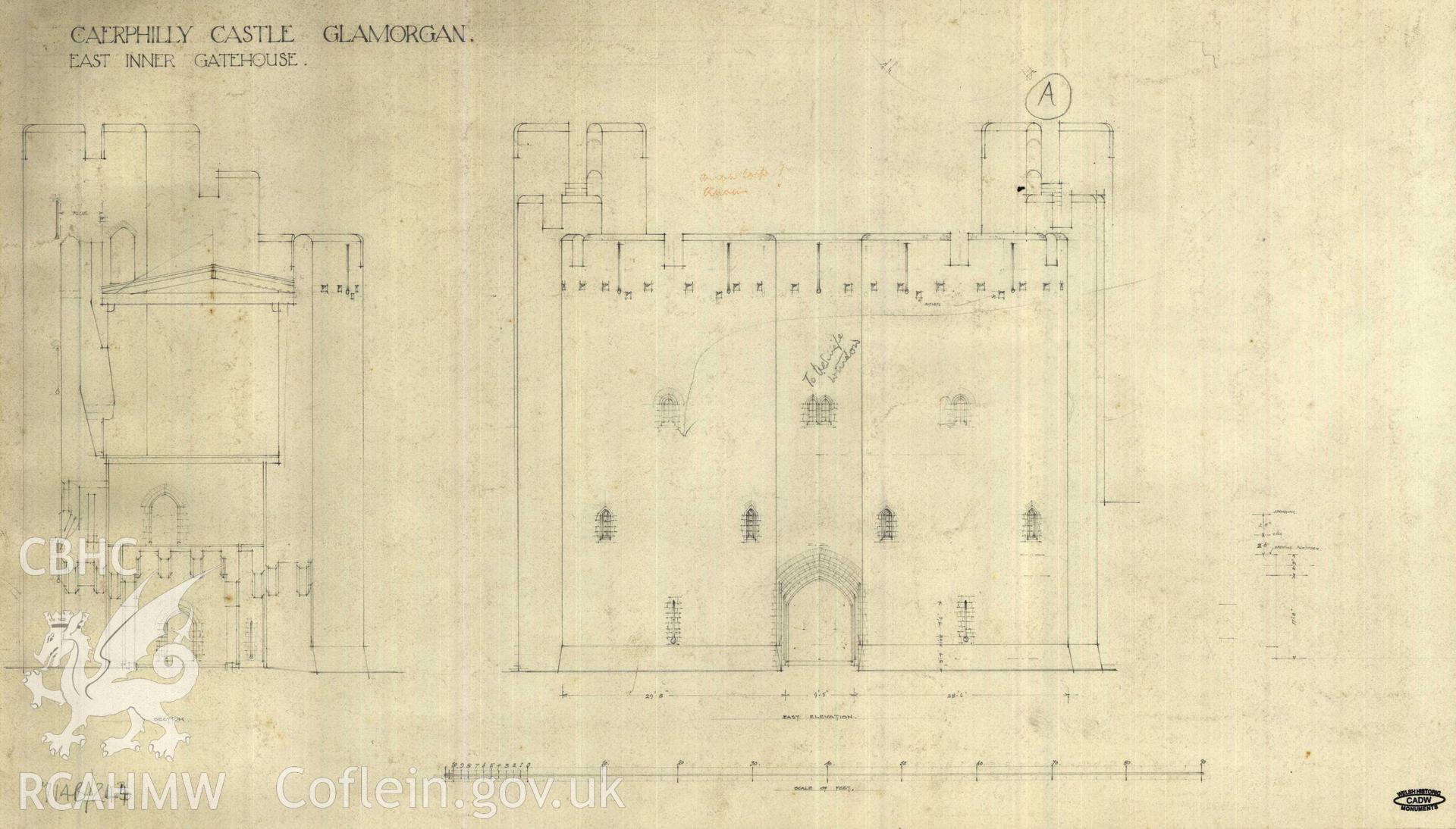 Cadw guardianship monument drawing of Caerphilly Castle. Inner E gate, sect + ext (E) elev. Cadw Ref. No:714B/244. Scale 1:96.