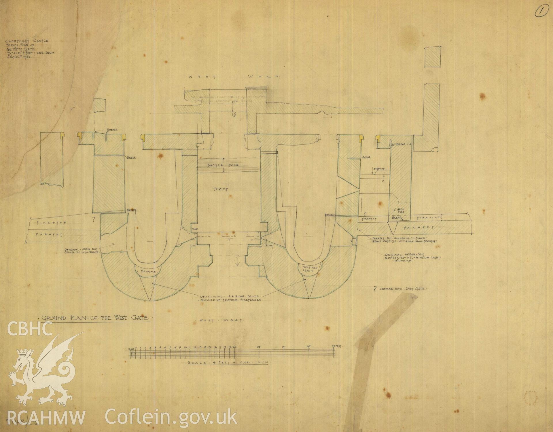 Cadw guardianship monument drawing of Caerphilly Castle. Mid W gate, ground plan. Cadw Ref. No:714B/216. Scale 1:48.