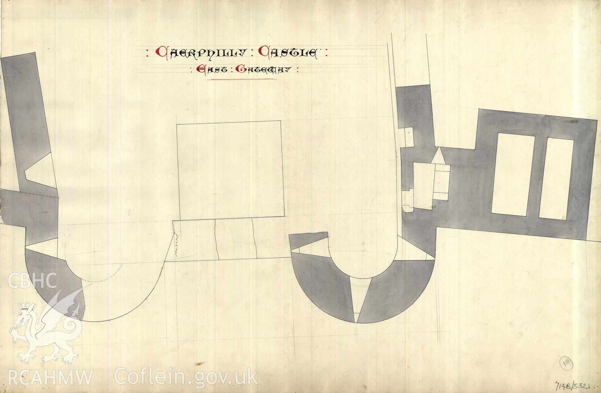 Cadw guardianship monument drawing of Caerphilly Castle. Mid E gate, ground plan (ii). Cadw Ref. No:714B/332b. Scale 1:24.