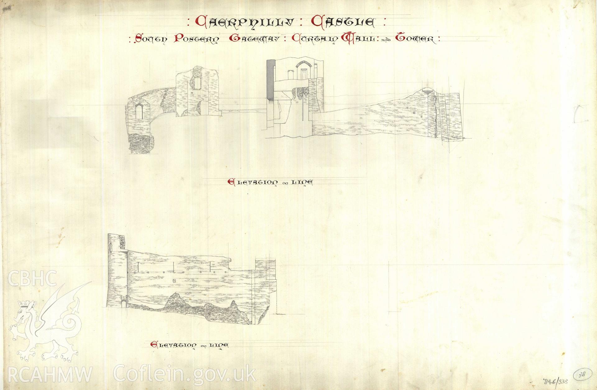 Cadw guardianship monument drawing of Caerphilly Castle. Dam, S part, 2 elevs. Cadw Ref. No:714B/338. Scale 1:96.