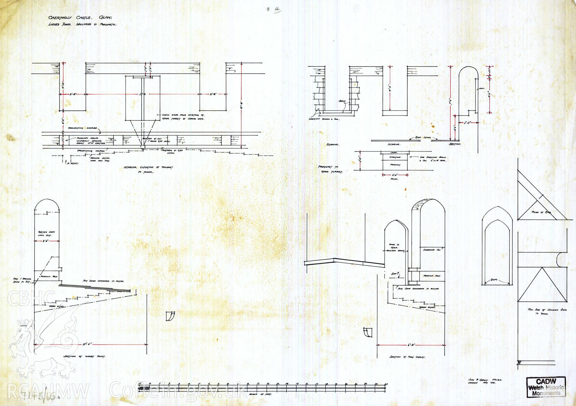 Digital copy of Cadw guardianship monument drawing of Caerphilly Castle. Finial Ladies Tower. Cadw ref. no. 714B/65. Scale 1:1. Hard-copy drawing withdrawn and returned to Cadw at their request.