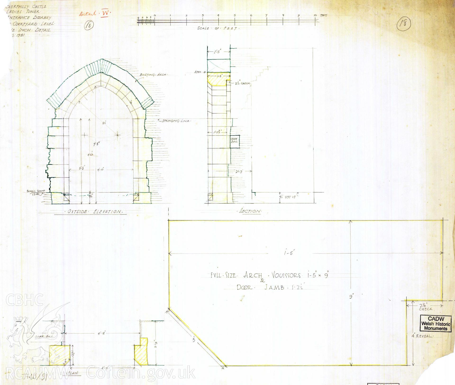 Digital copy of Cadw guardianship monument drawing of Caerphilly Castle. NW tower, gr fl, entrance door. Cadw ref. no: 714B/91. Scale 1:12.1. Original drawing withdrawn and returned to Cadw at their request.
