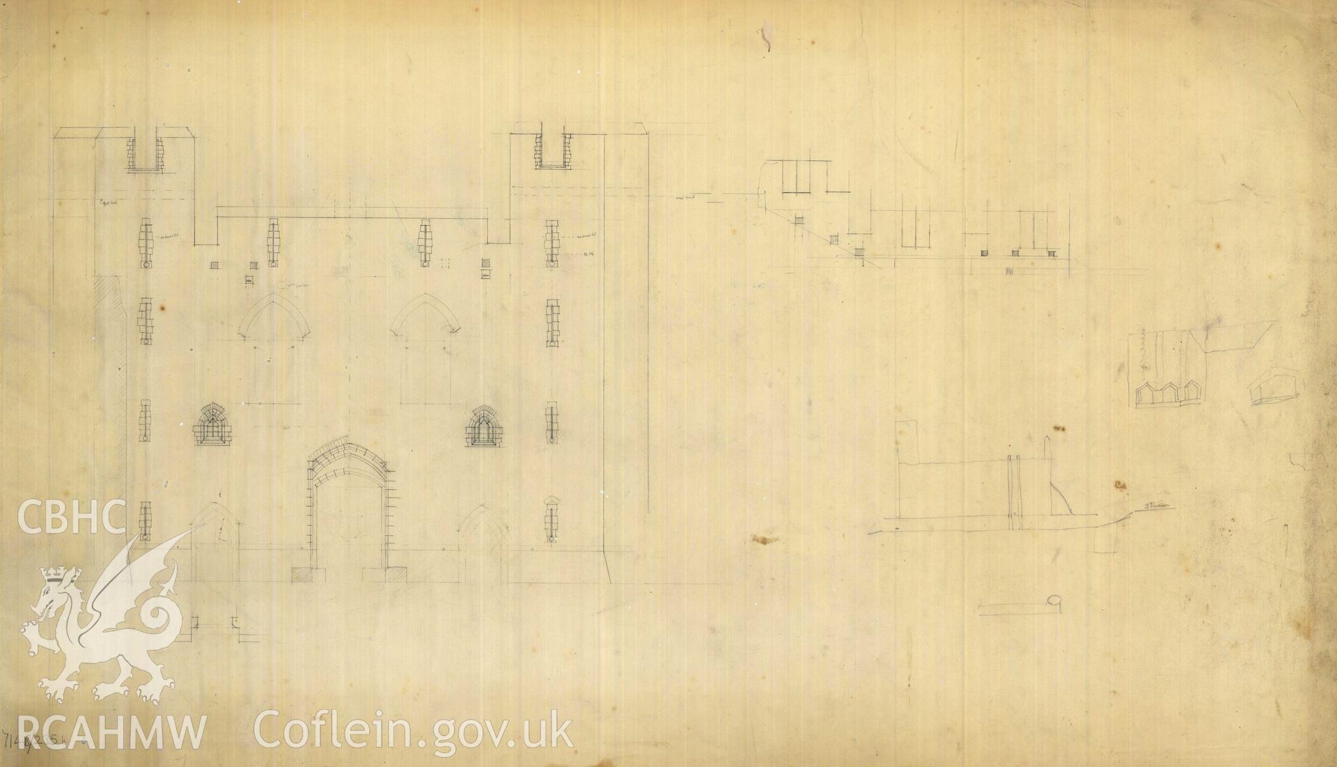 Cadw guardianship monument drawing of Caerphilly Castle. [Inner W gate, Elev. (ii)]. Cadw Ref. No:714B/235b. Scale 1:48.