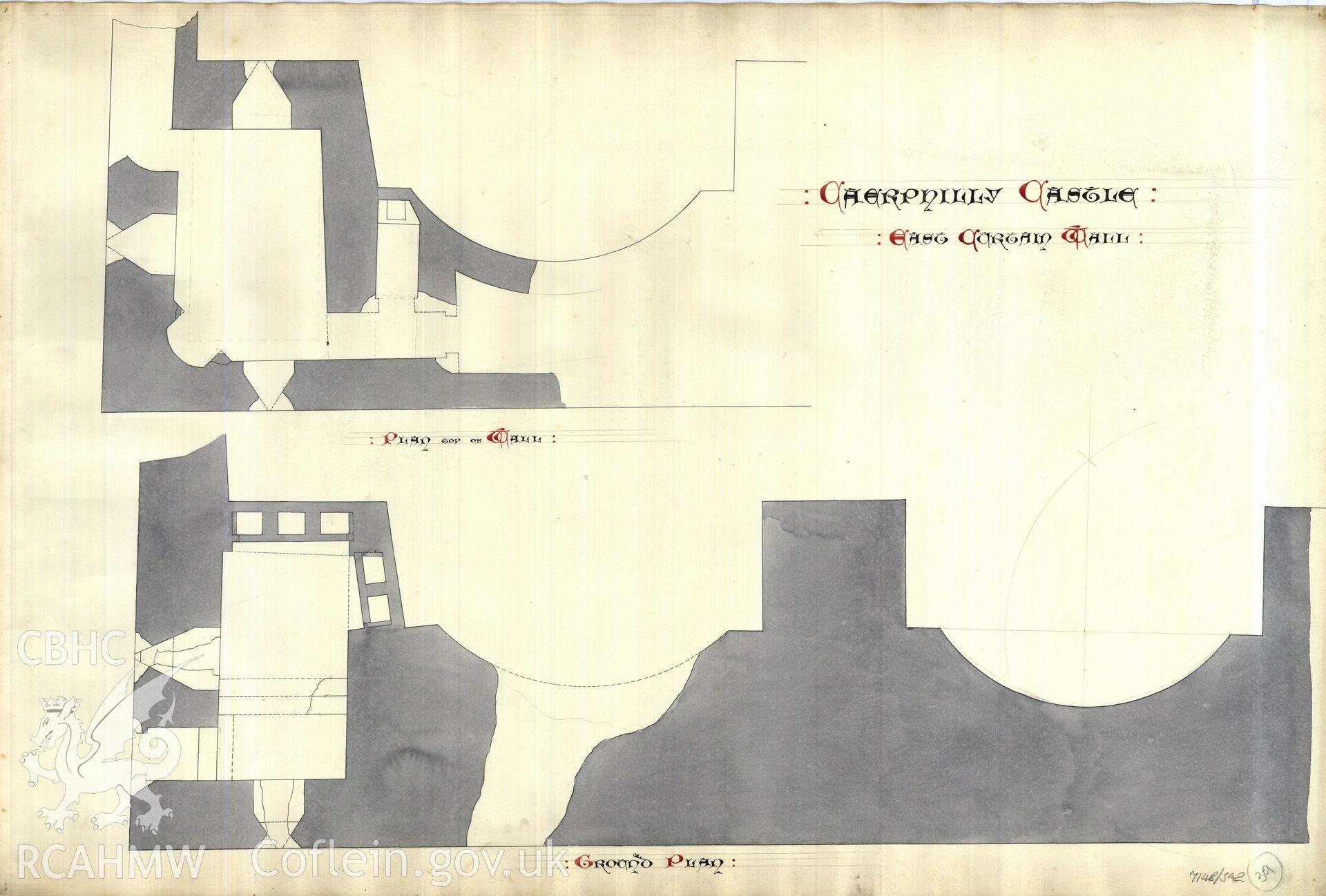 Cadw guardianship monument drawing of Caerphilly Castle. Dam front S, 2 N bays, plan. Cadw Ref. No:714B/342. Scale 1:24.