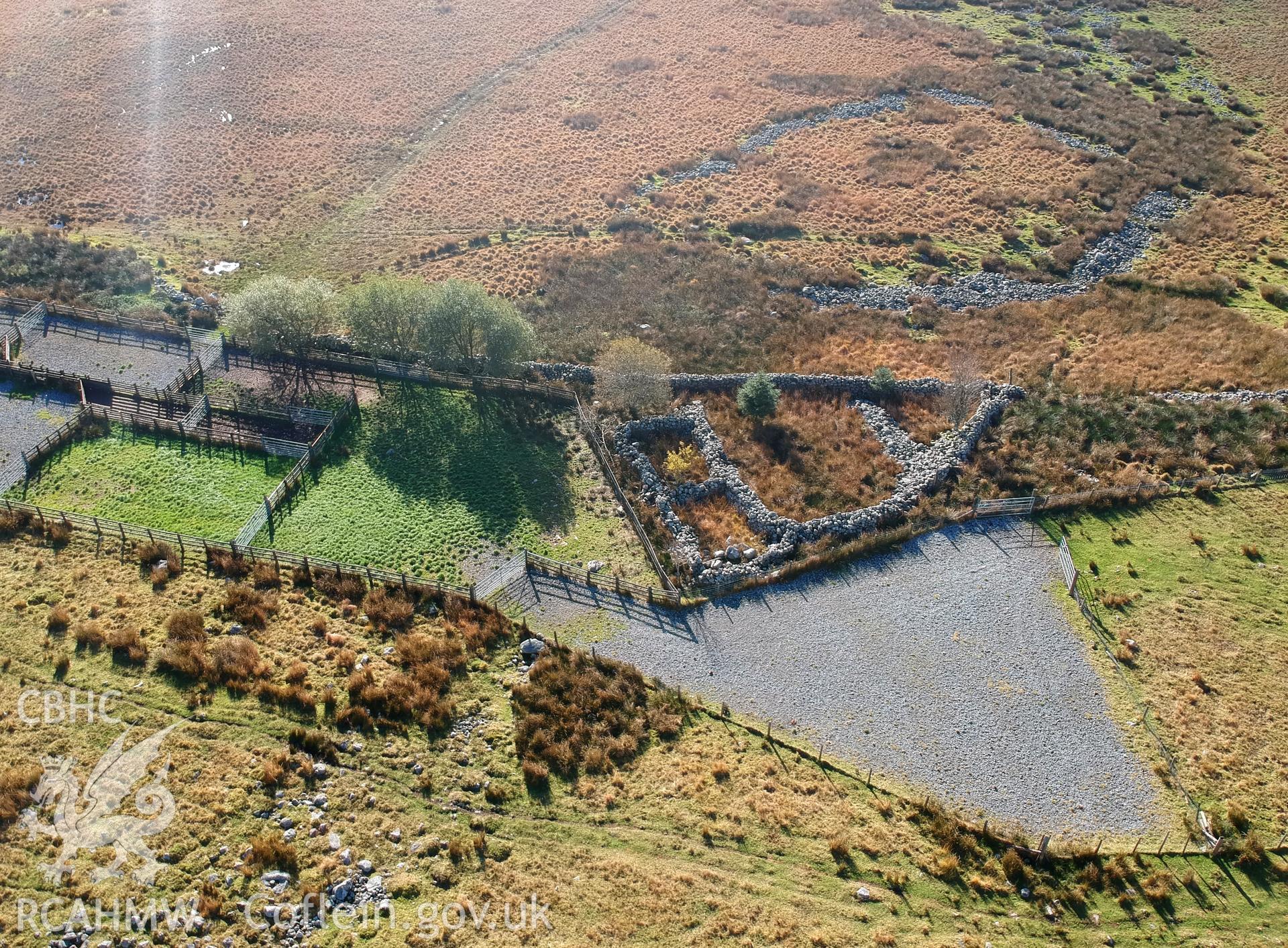 Aerial view of the Cwm-Fforch-Wen enclosures, north of Ystradgynlais. Colour photograph taken by Paul R. Davis on 1st November 2018.