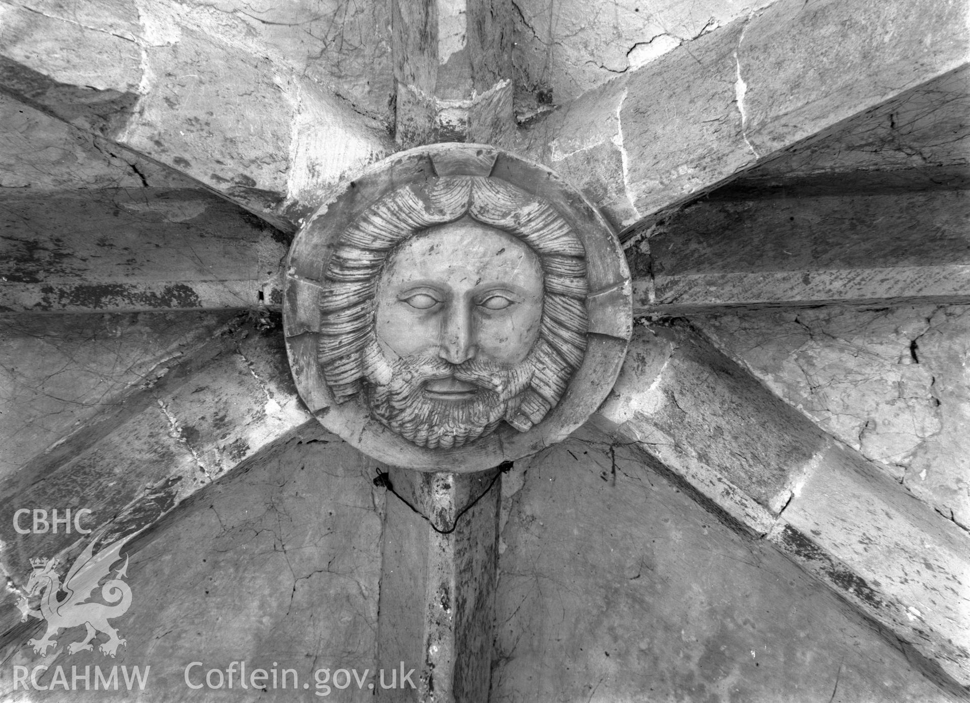 Digital copy of a black and white nitrate negative showing close-up view of boss at St. David's Cathedral, taken by E.W. Lovegrove, July 1936