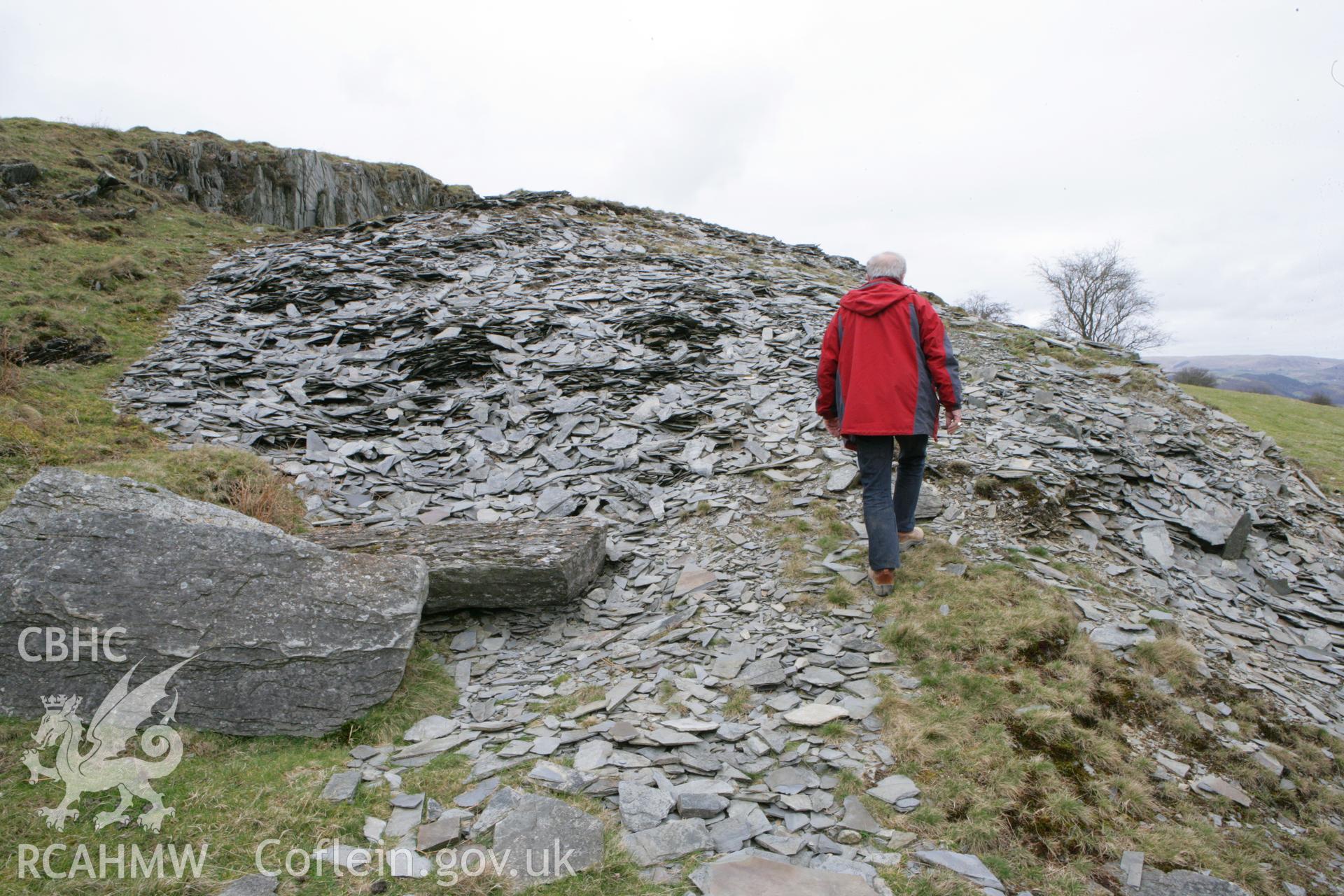 Historic quarry of shale slates at Geufron, Nant Bir, outcrops of which are thought to have provided at least some of the roofing slates for Abermagwr Roman villa. Field visit with Dr Jeffrey Davies, Dr Toby Driver & Chris Fletcher (geologist), 20/3/2012.
