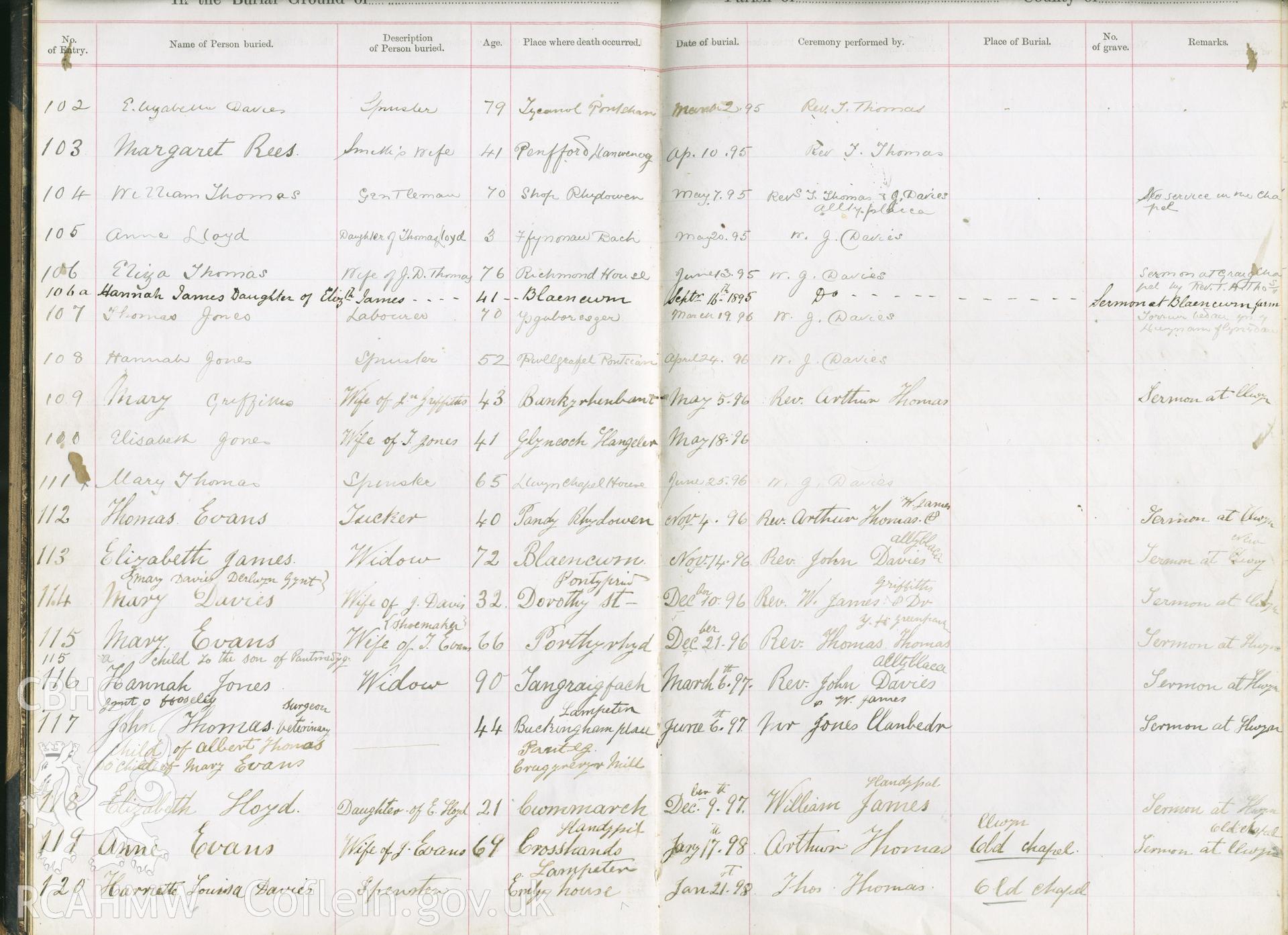 Scanned copy of handwritten burial register at Llwydrhydowen New Chapel and old chapel from 2nd March 1895 to 21st January 1898. Donated to the RCAHMW as part of the Digital Dissent Project.