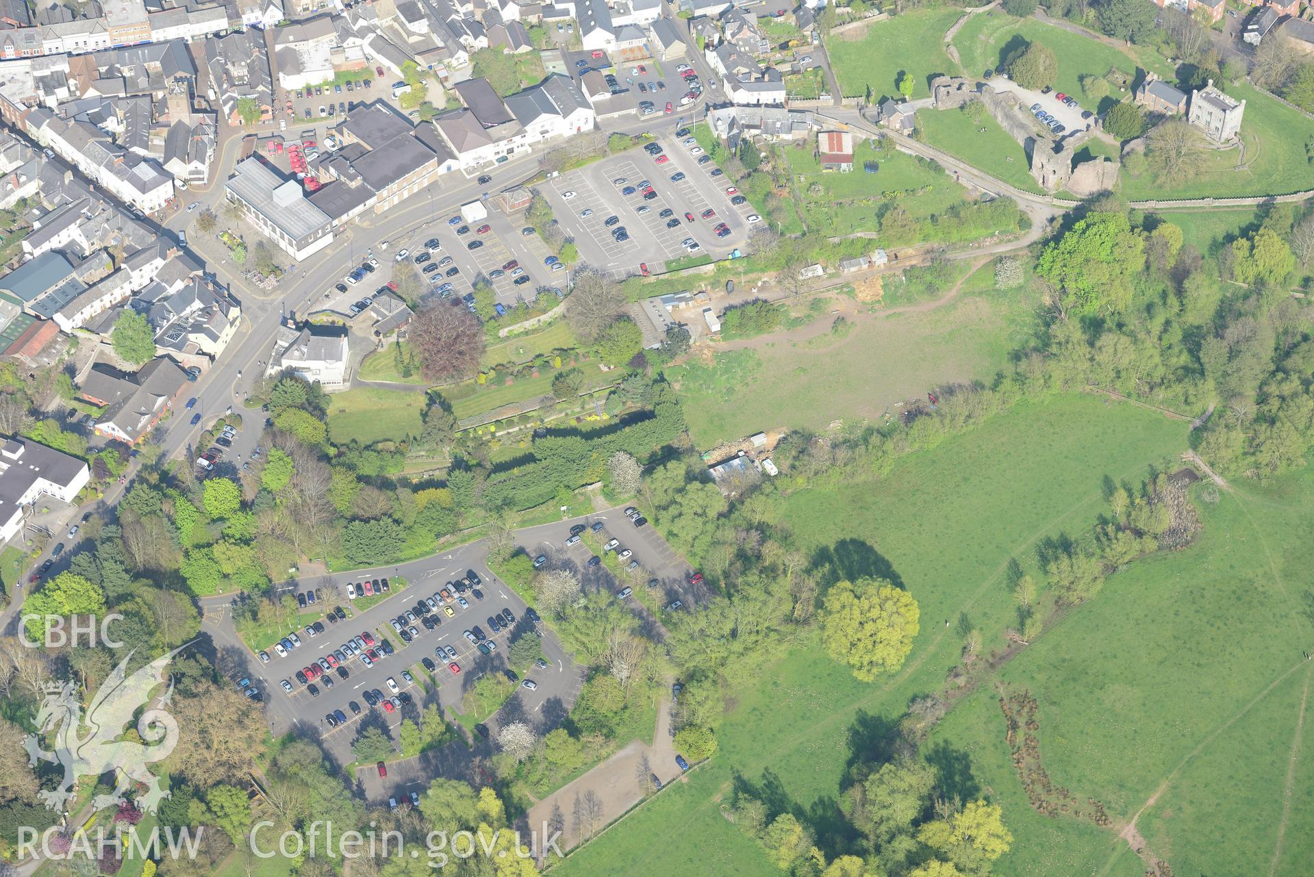 Abergavenny including the Castle, Castle Garden and Museum; Old Court; Castle Street Congregational Chapel and Schoolroom and Lulworth House. Oblique aerial photograph taken during the Royal Commission's programme of archaeological aerial reconnaissance by Toby Driver on 21st April 2015.