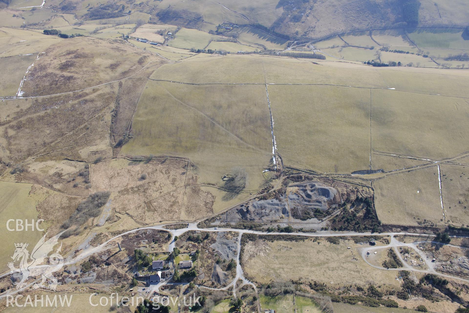 East Darren lead mine, part of the larger Cwmsymlog lead mine, Cwmsymlog, north of Goginan, Aberystwyth. Oblique aerial photograph taken during the Royal Commission's programme of archaeological aerial reconnaissance by Toby Driver on 2nd April 2013.