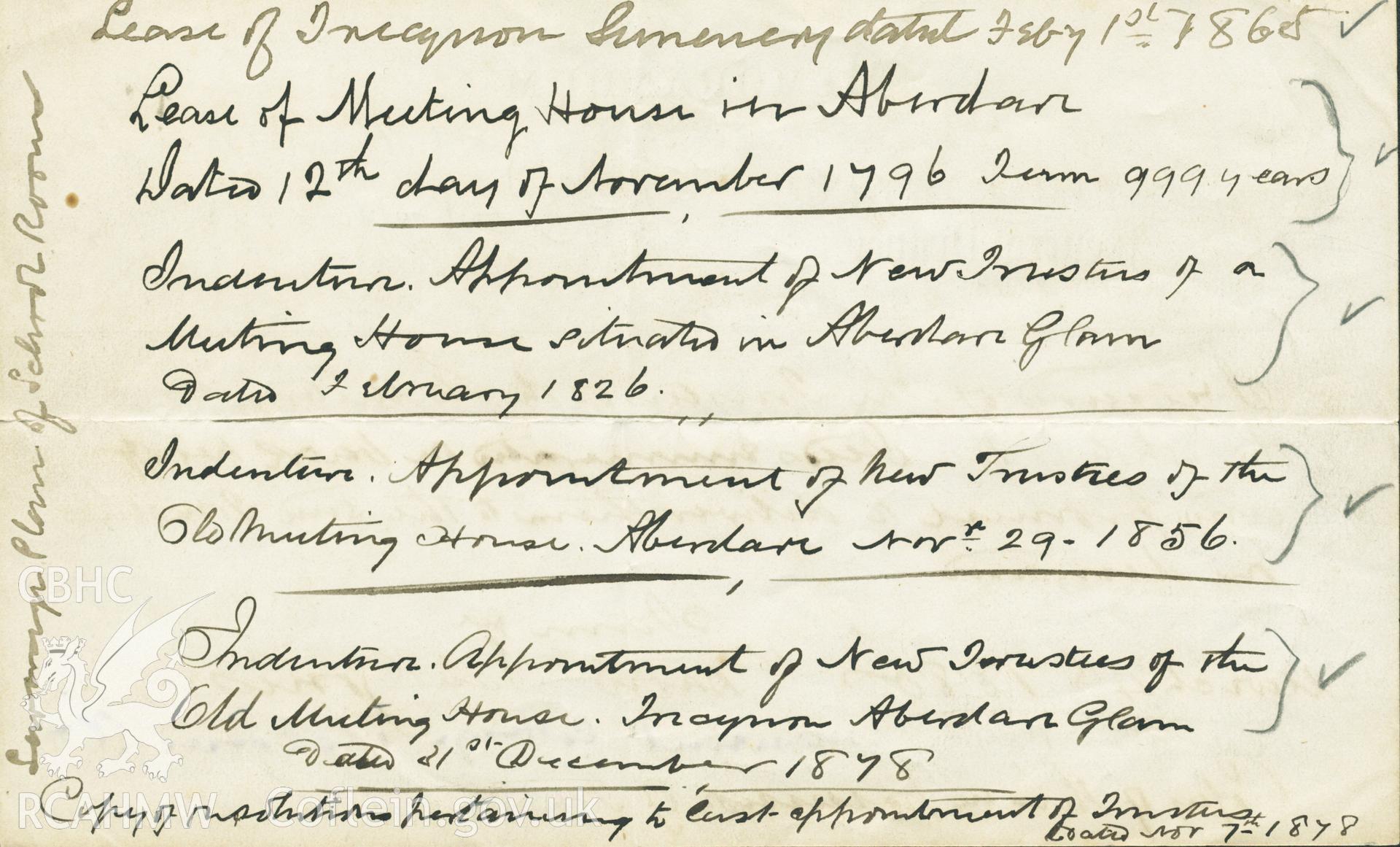 List of important dates in the history of yr Hen Dy Cwrdd, possibly the reverse of memorandum from David J. Jones, dated 4th March 1880 and 7th March 1892 (ref DDP/01/02/02/004). Donated to the RCAHMW during the Digital Dissent Project.