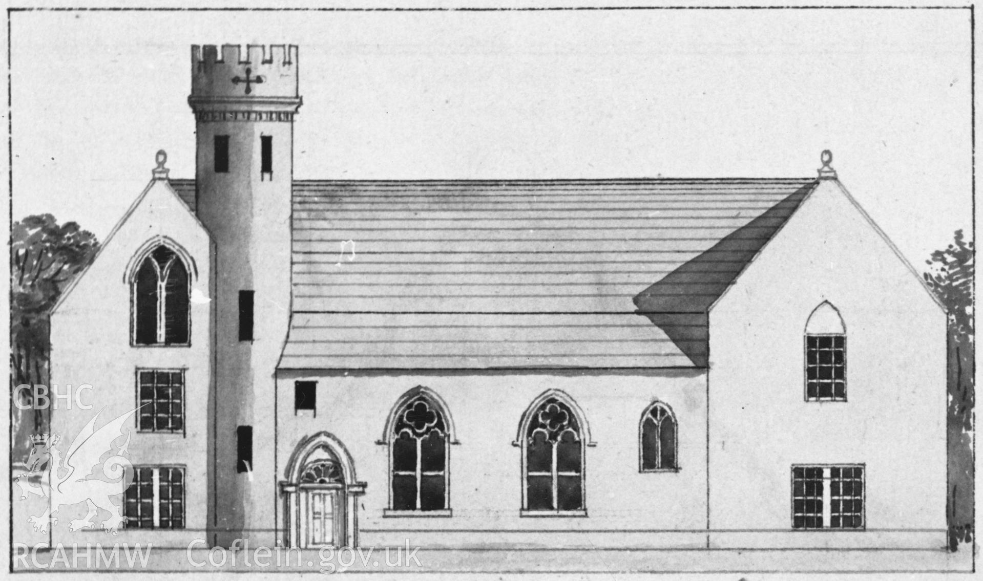 Digital copy of an elevation drawing of Penrhyn Castle by M. Griffiths.