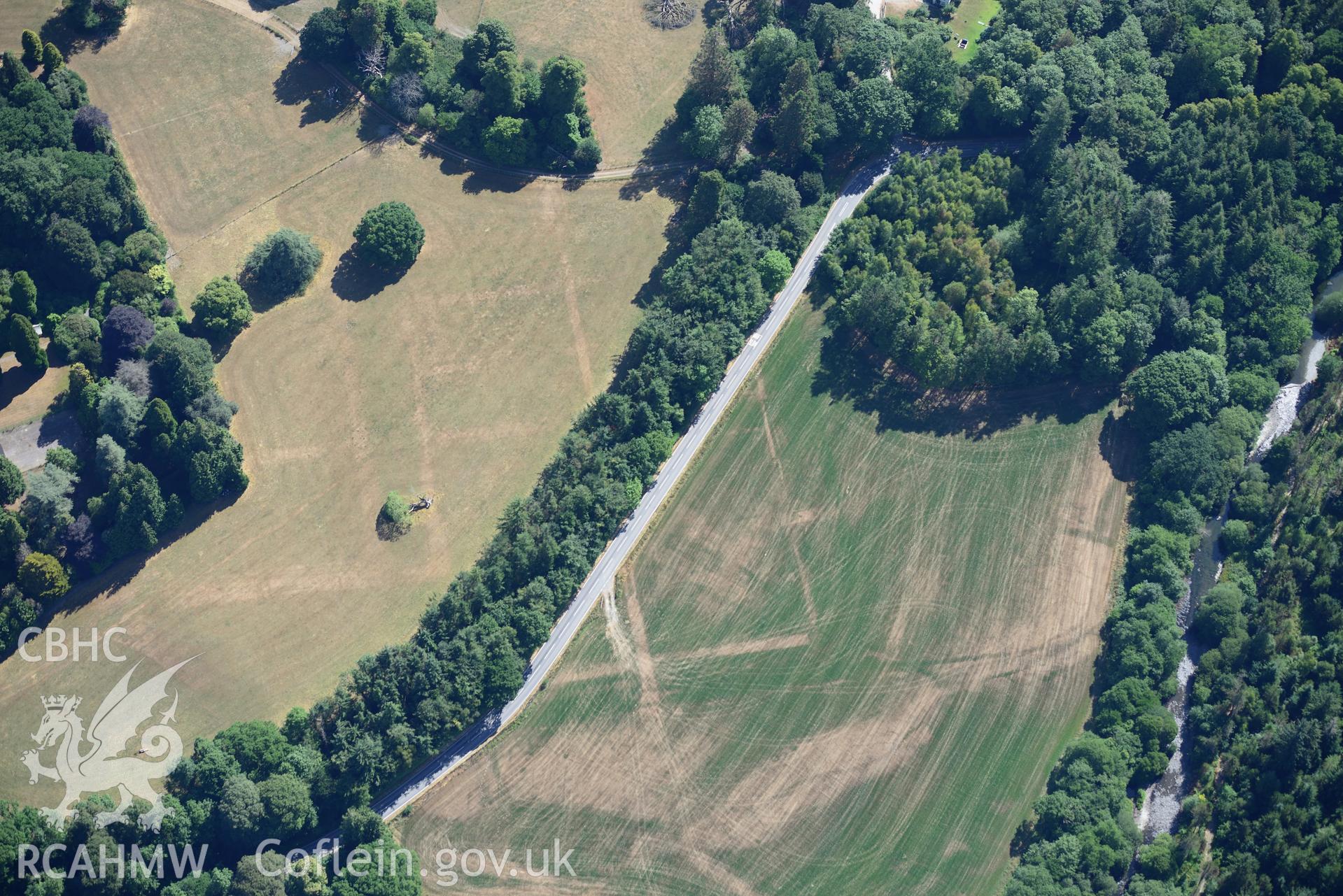Royal Commission aerial photography of Trawsgoed Roman fort, showing exceptionally clear cropmark and parchmark detail of fort, vicus and ancillary structures, taken on 19th July 2018 during the 2018 drought.