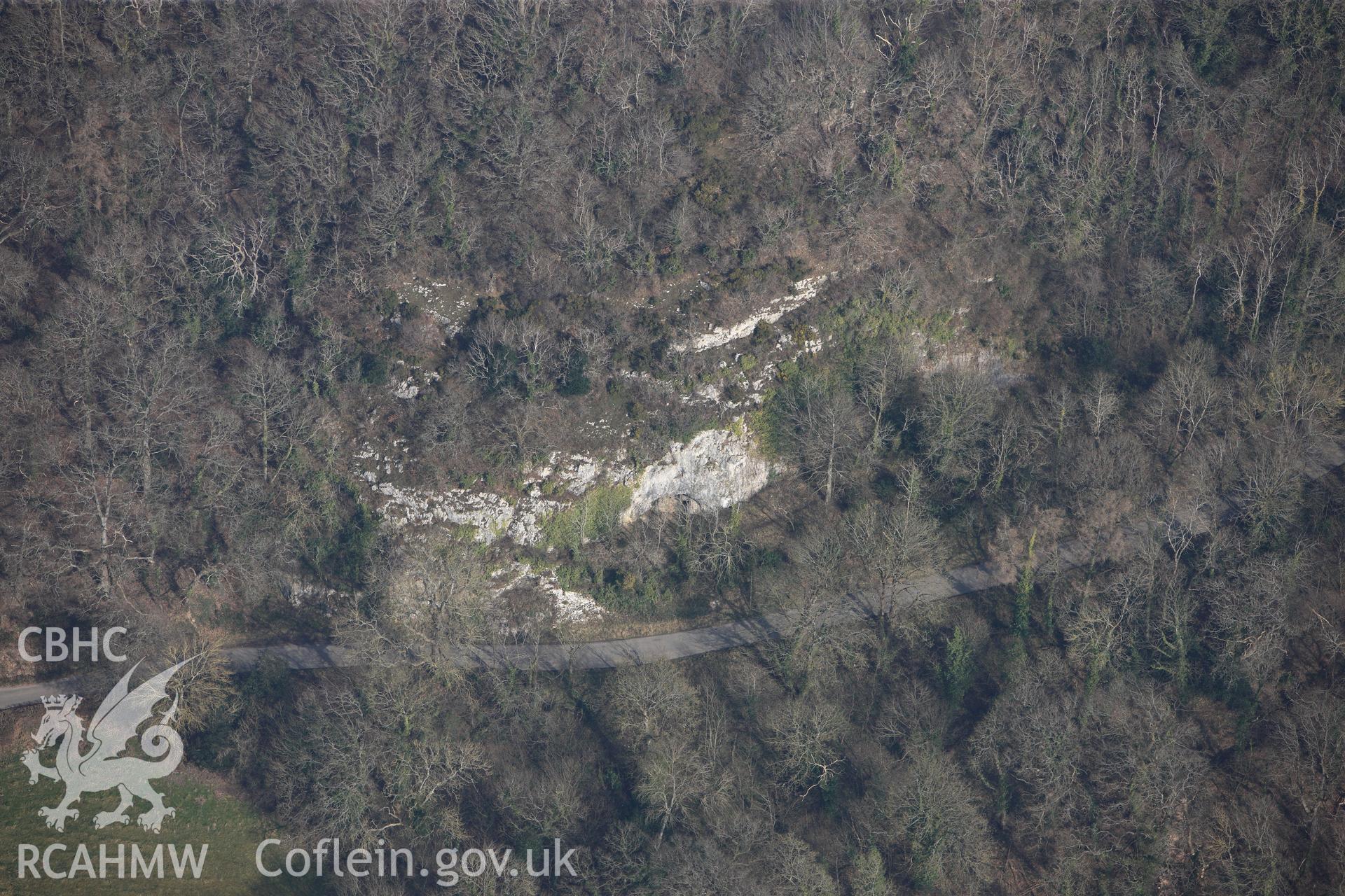 Bont-Newydd cave, Bont-newydd, north west of Denbigh. Oblique aerial photograph taken during the Royal Commission?s programme of archaeological aerial reconnaissance by Toby Driver on 28th February 2013.
