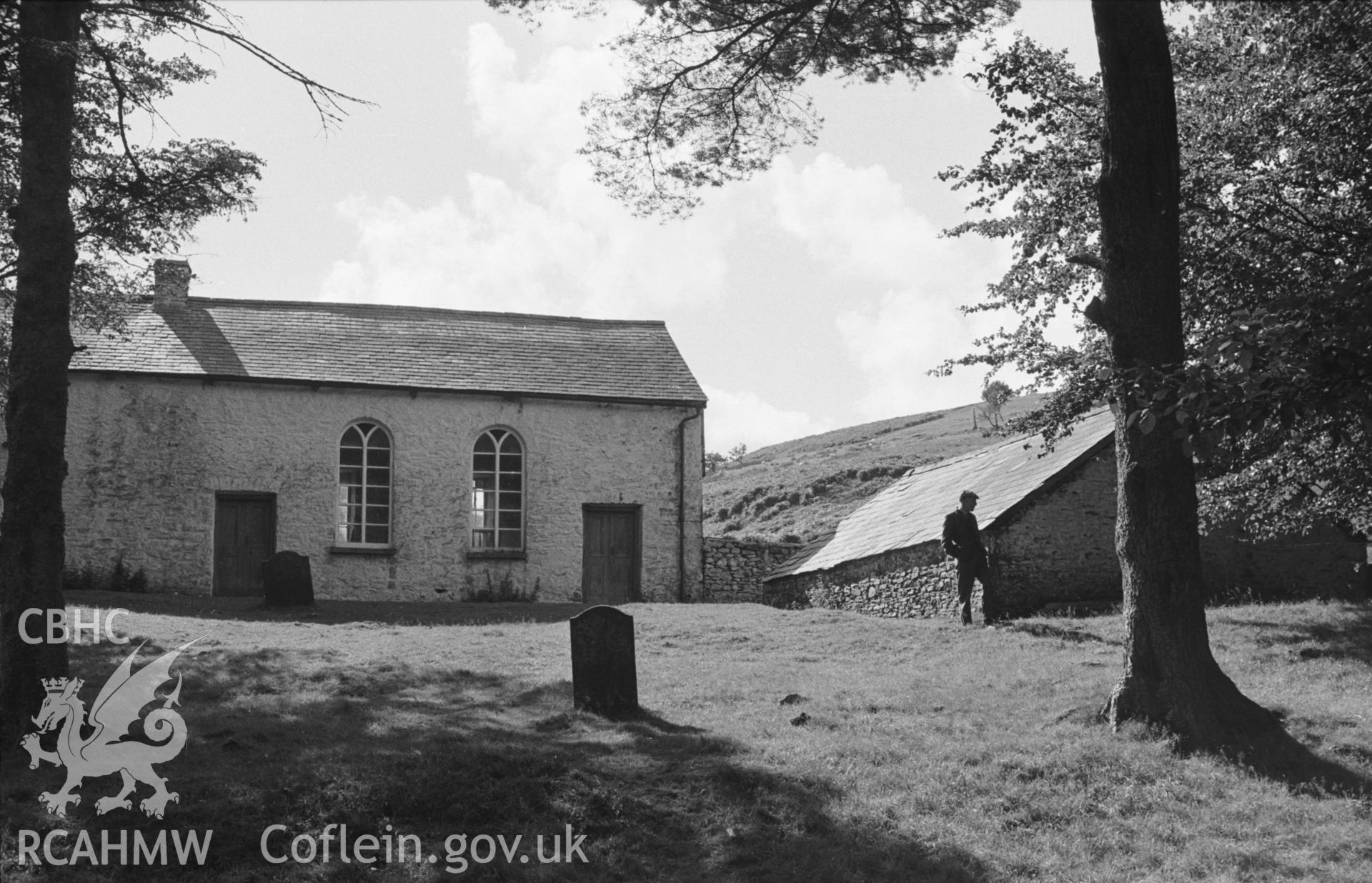 Digital copy of a black and white negative showing exterior front elevation of Soar-y-Mynydd, Llanddewi Brefi. Photographed in September 1963 by Arthur O. Chater from the graveyard at Grid Reference SN 7850 5328, looking west south west.
