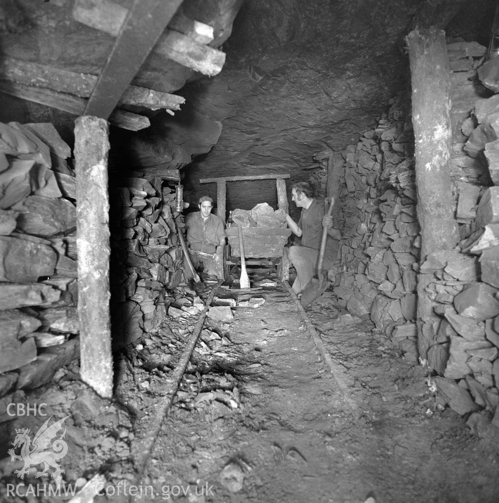 Digital copy of an acetate negative showing Big Pit - workmen in old 19th C. workings in Coity Pits, from the John Cornwell Collection.