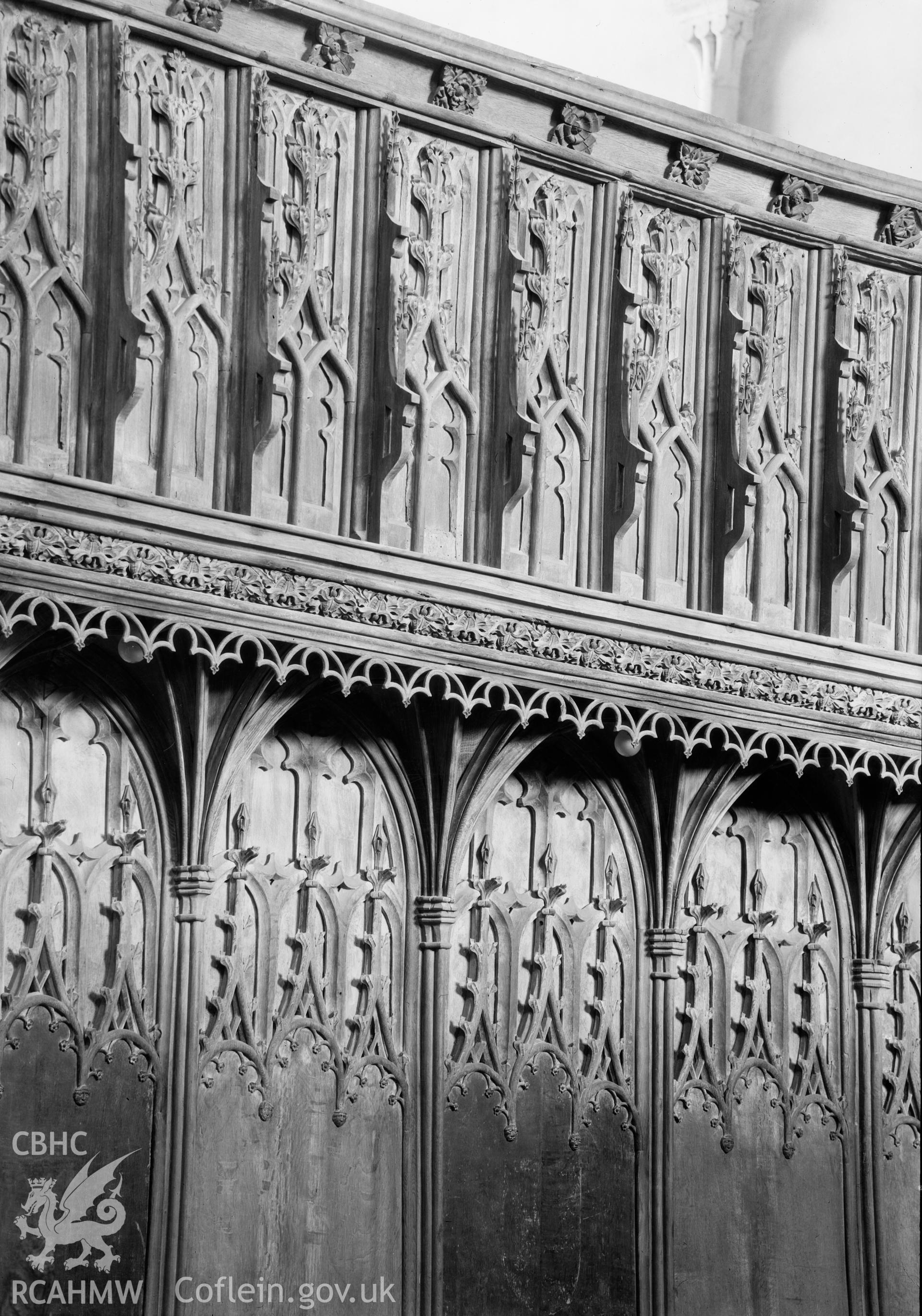 Digital copy of a black and white acetate negative showing interior detail at St. David's Cathedral, taken by E.W. Lovegrove, July 1936.