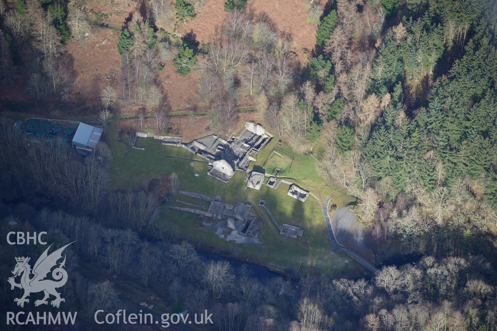Bryntail or Glyn lead mine, on the southern banks of Llyn Clywedog reservoir, north west of Llanidloes. Oblique aerial photograph taken during the Royal Commission's programme of archaeological aerial reconnaissance by Toby Driver on 4th February 2015.