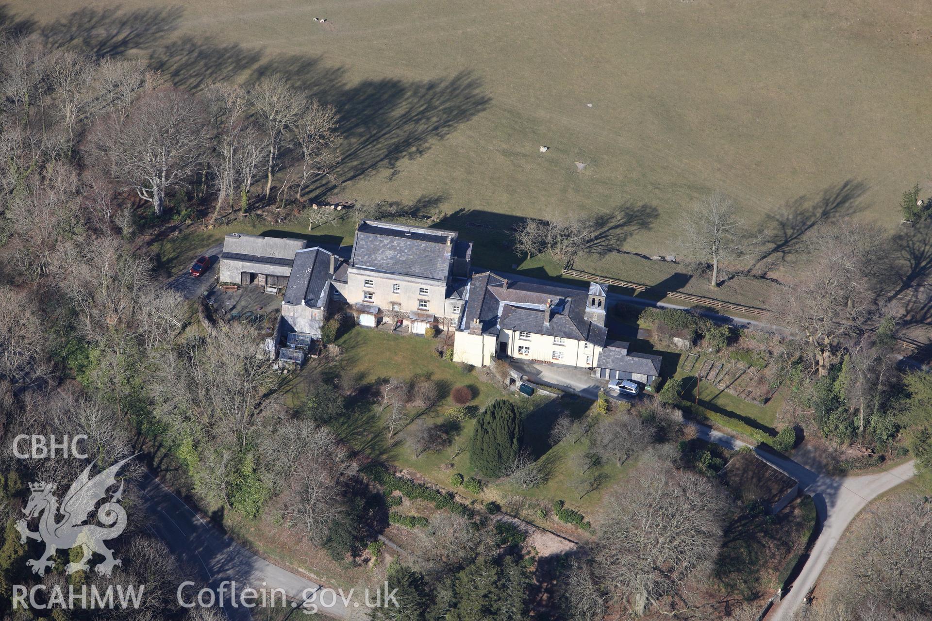 Castle Hill country house and garden, Llanilar, south east of Aberystwyth. Oblique aerial photograph taken during the Royal Commission?s programme of archaeological aerial reconnaissance by Toby Driver on 2nd April 2015.