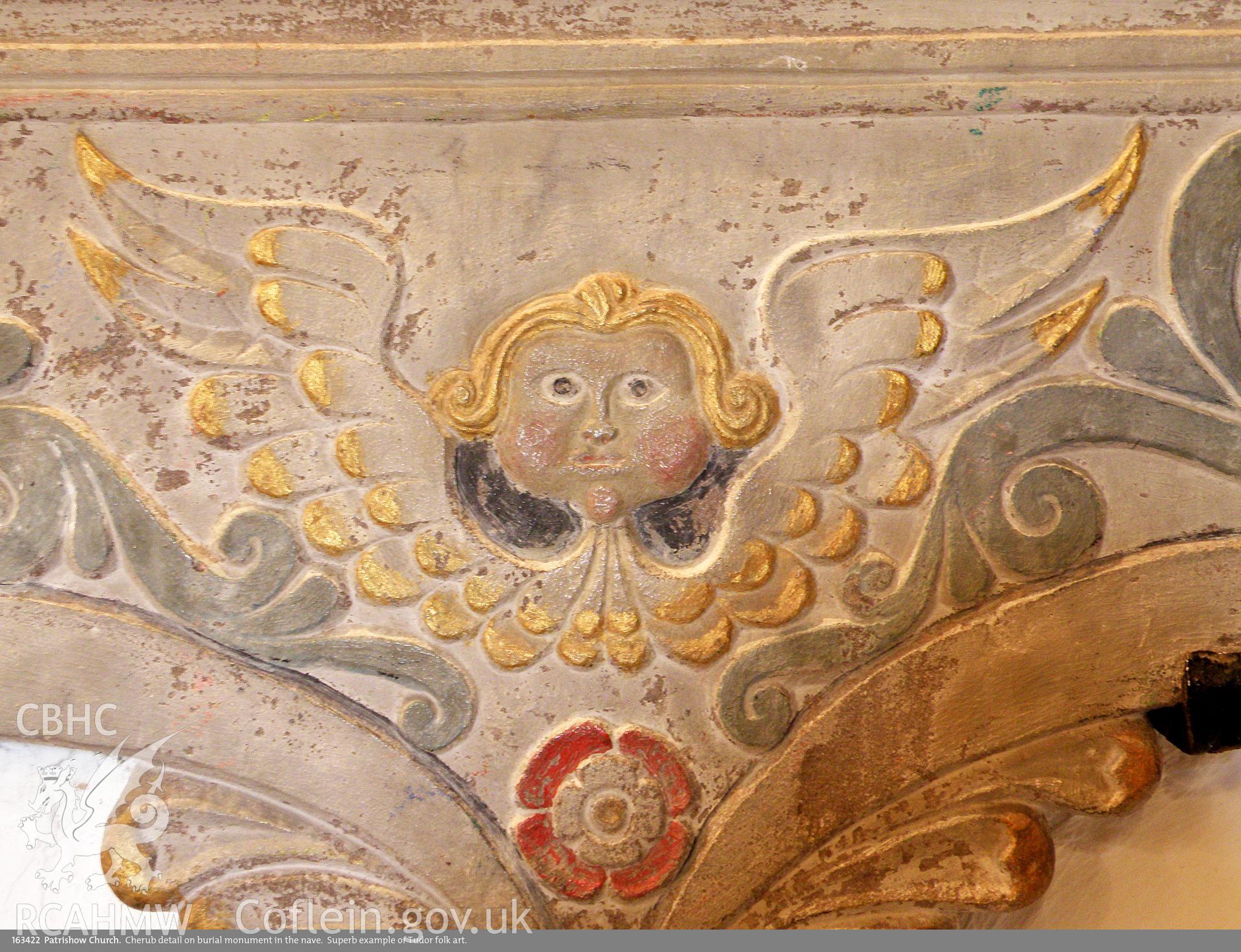 View of cherub decoration at Patrishow Church, taken by John Sorrell, undated.